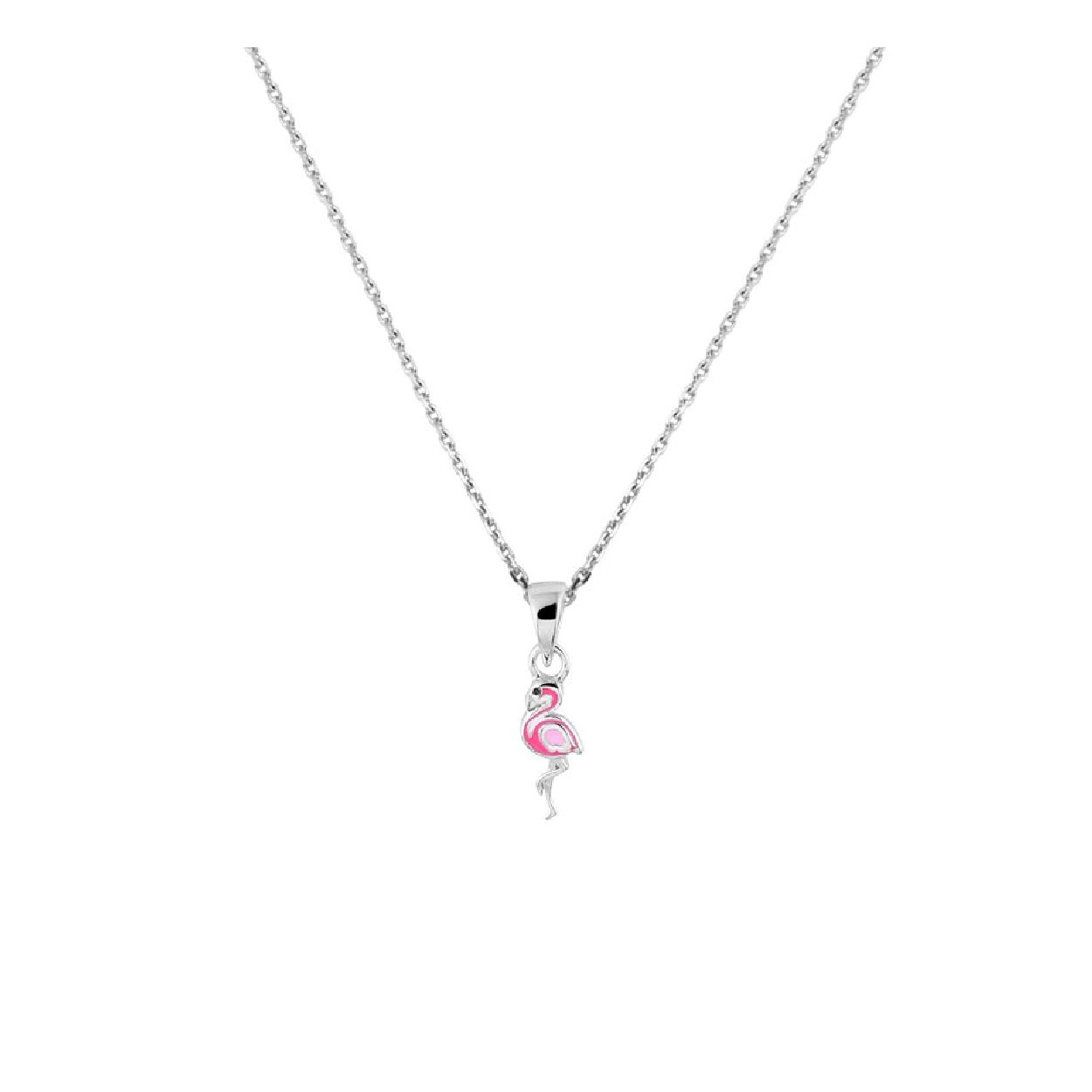 Gerhodineerd zilveren collier met een schattige flamingo hanger. De schakelbreedte is 1.1mm. Het collier heeft een draaglengte van 36cm met een extenstie van 4cm en is perfect te combineren met bijpassende sieraden uit onze collectie. Tip: Leuk om kado te geven zie je ze al stralen!? Info: Gerhodineerd zilver is door de rhodiumlaag beter bestand tegen verkleuren en krassen.