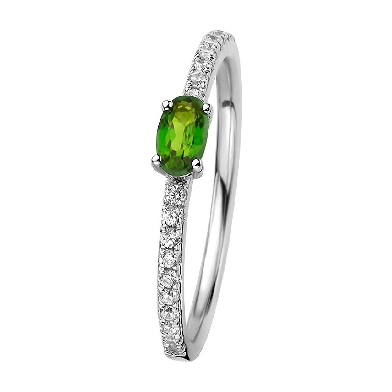 De ring is gemaakt van gerhodineerd zilver en is groenkleurig. Het is een sieraad voor dames.