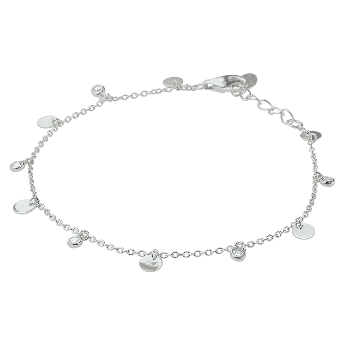 Gerhodineerd 925 zilveren armband uitgevoerd met zirkonia en rondjes. De armband heeft een draaglengte van 16.5cm met een extensie van 2cm en een stevige karabijn sluiting. De rondjes met zirkonia hebben een diameter van 3mm en de rondjes een diameter van 4mm.