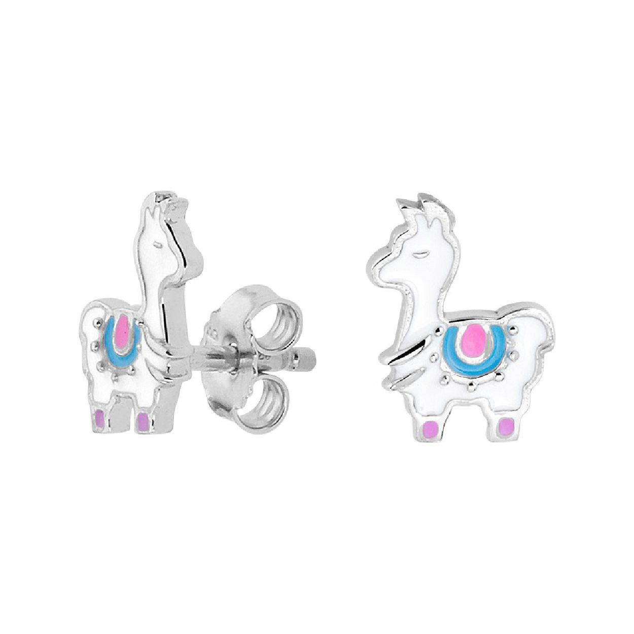 Gerhodineerd zilveren oorknoppen in de vorm van een alpaca uitgevoerd met emaille. De oorknoppen hebben een afmeting van 9x7mm.