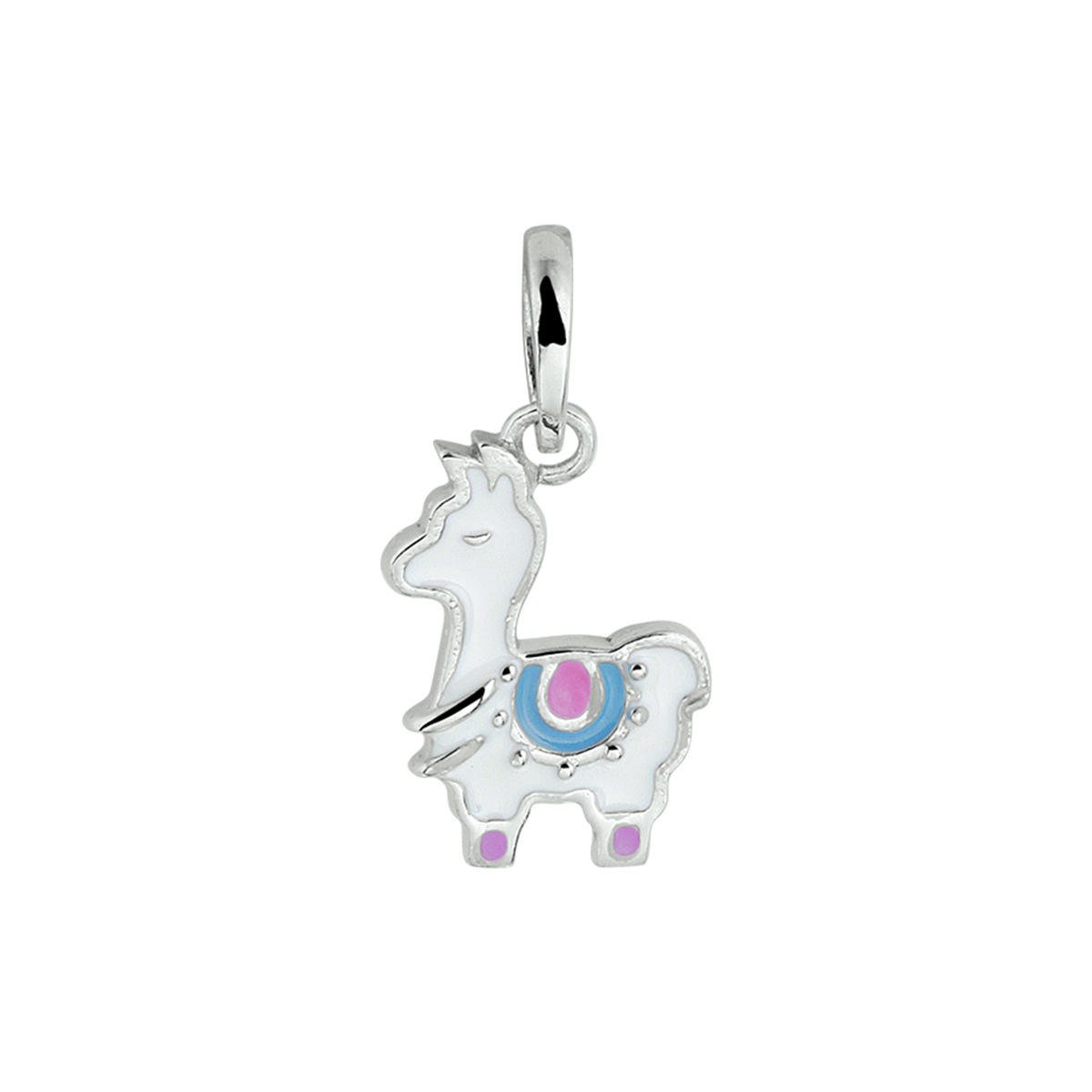 Gerhodineerd zilveren hanger in de vorm van een alpaca uitgevoerd met emaille. De hanger heeft een totale hoogte van 19mm.