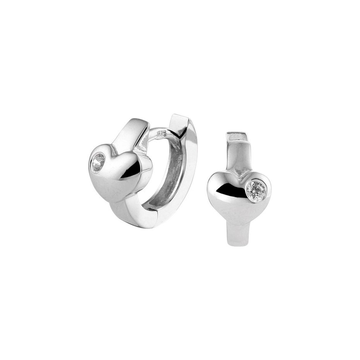 Gerhodineerd 925 zilveren klapoorringen met een hartje en uitgevoerd met een heldere zirkonia. De oorringen hebben een afmeting van 10.5x5.5mm.