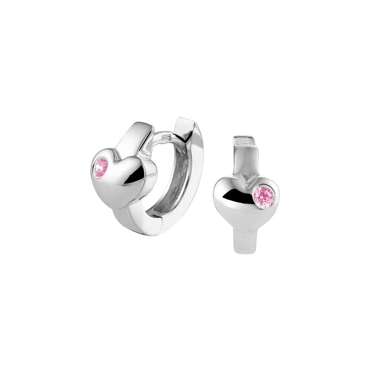 Gerhodineerd 925 zilveren klapoorringen met een hartje en uitgevoerd met een roze zirkonia. De oorringen hebben een afmeting van 10.5x5.5mm.