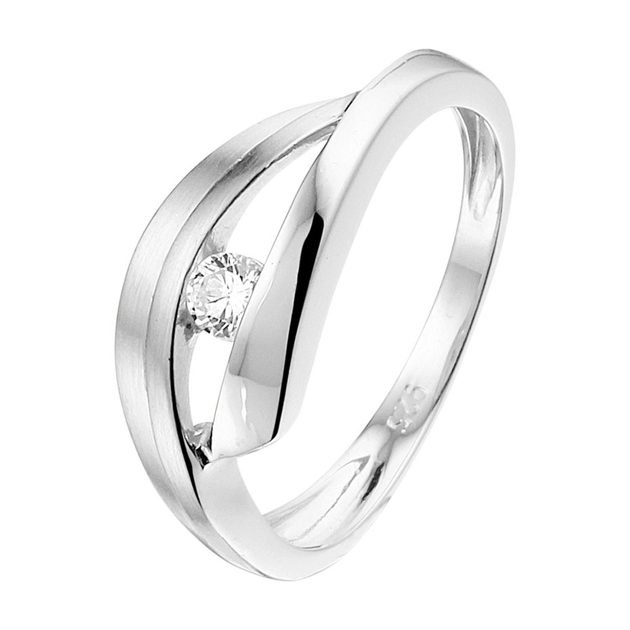 Gerhodineerd 925 zilveren ring uitgevoerd met een heldere zirkonia en een poli/matte afwerking. De ring heeft een breedte van 7.5mm.