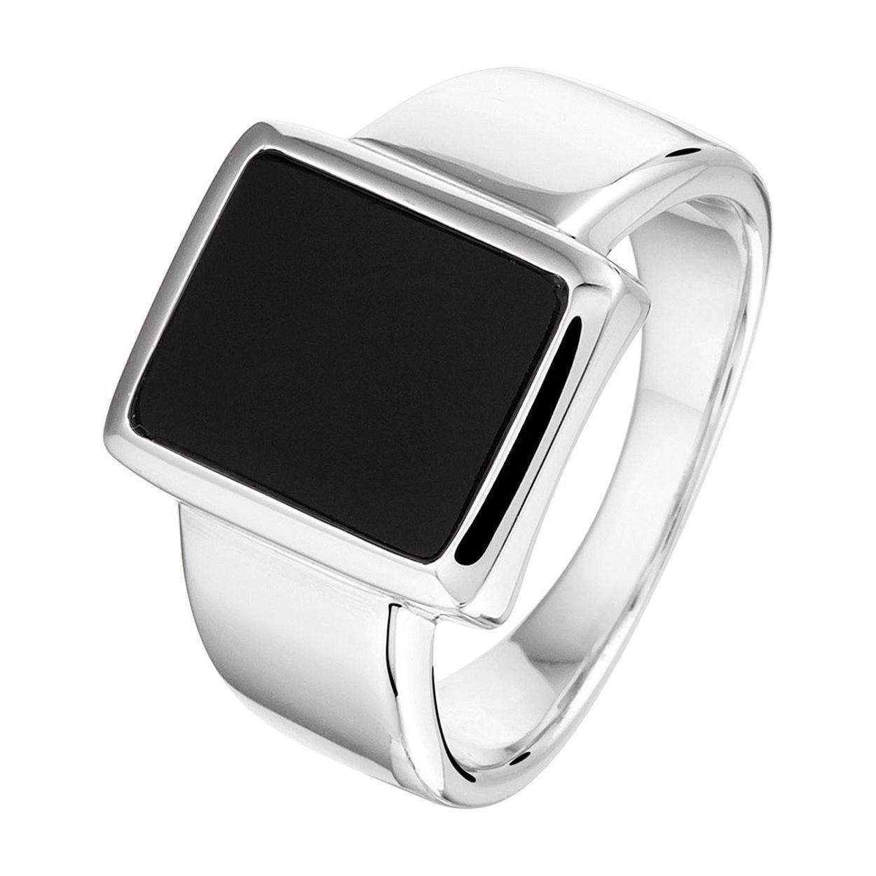 Gerhodineerd 925 zilveren zegelring uitgevoerd met een schitterende onyx. De ring heeft een breedte van 12mm.