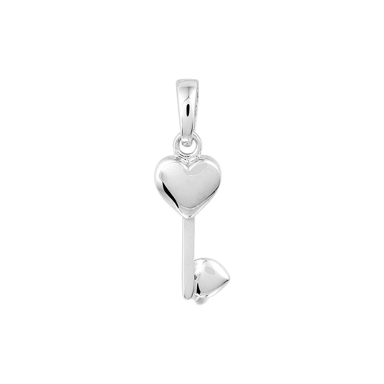Gerhodineerd 925 zilveren hanger uitgevoerd in de vorm van een sleutel met een hartje. De hanger heeft een totale hoogte van 2.1cm en een breedte van 6mm.