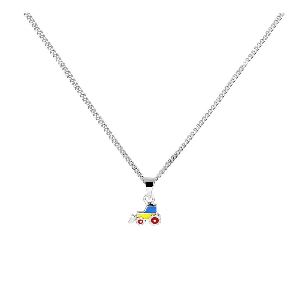 De collier is gemaakt van gerhodineerd zilver en is roodkleurig. Het is een sieraad voor kinderen.