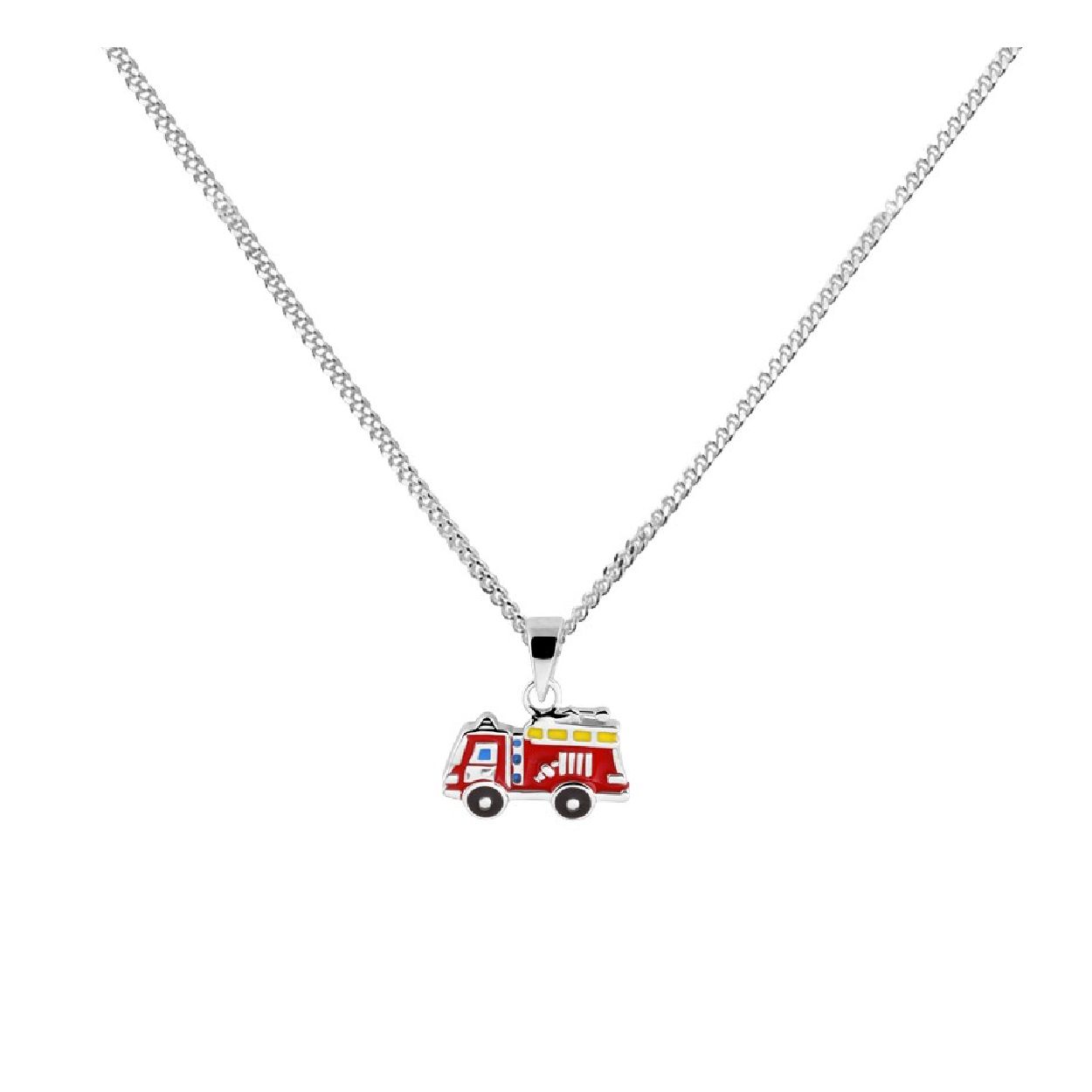 De collier is gemaakt van gerhodineerd zilver en is roodkleurig. Het is een sieraad voor kinderen.