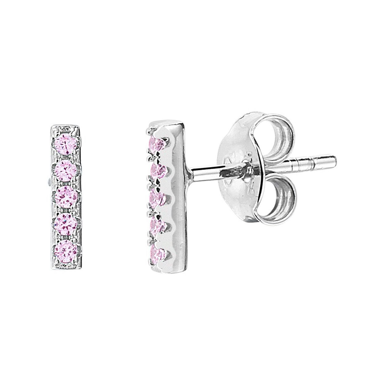 Gerhodineerd 925 zilveren oorknoppen in de vorm van een balkje uitgevoerd met roze zirkonia. De oorknoppen hebben een afmeting van 8x1.7mm.