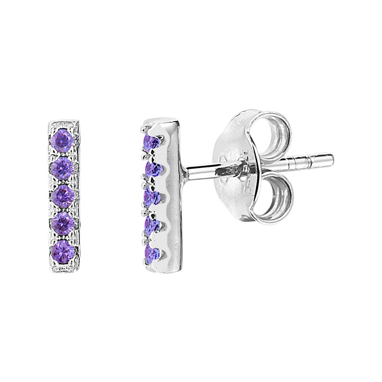 Gerhodineerd 925 zilveren oorknoppen in de vorm van een balkje uitgevoerd met amethyst. De oorknoppen hebben een afmeting van 8x1.7mm.