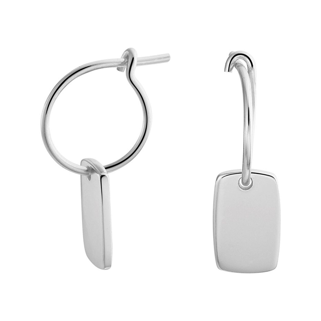 Gerhodineerd 925 zilveren oorringen uitgevoerd met een hanger in de vorm van een rechthoek. De oorringen hebben een dikte van 0.8mm en een diameter van 11mm. De hanger heeft een afmeting van 10x6mm.
