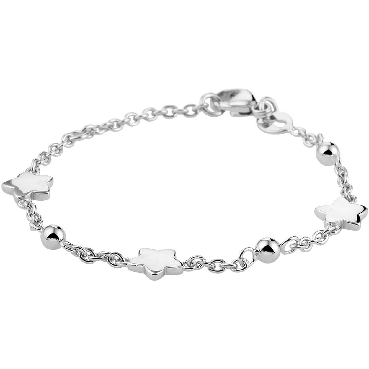 Gerhodineerd 925 zilveren armband uitgevoerd met bolletjes en leuke sterren. De armband heeft draaglengtes van 11 tot 13cm en een stevige karabijn sluiting. De sterren hebben een afmeting van 6x9.5mm.