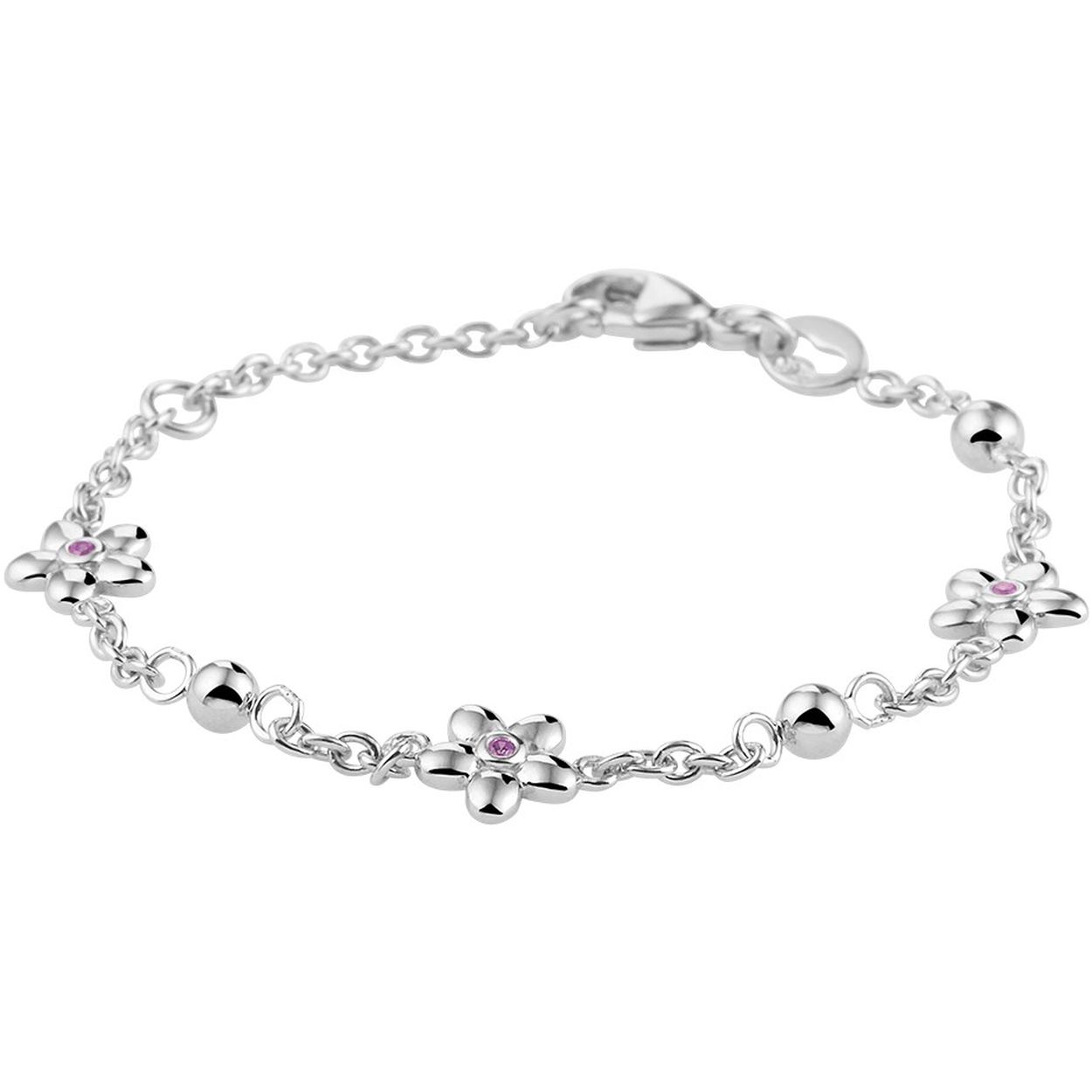 Gerhodineerd 925 zilveren armband uitgevoerd met leuke bloemen met daarin een roze zirkonia. De armband heeft draaglengtes van 11 tot 13cm en een stevige karabijn sluiting. De bloemen hebben een afmeting van 6.5x9.5mm.