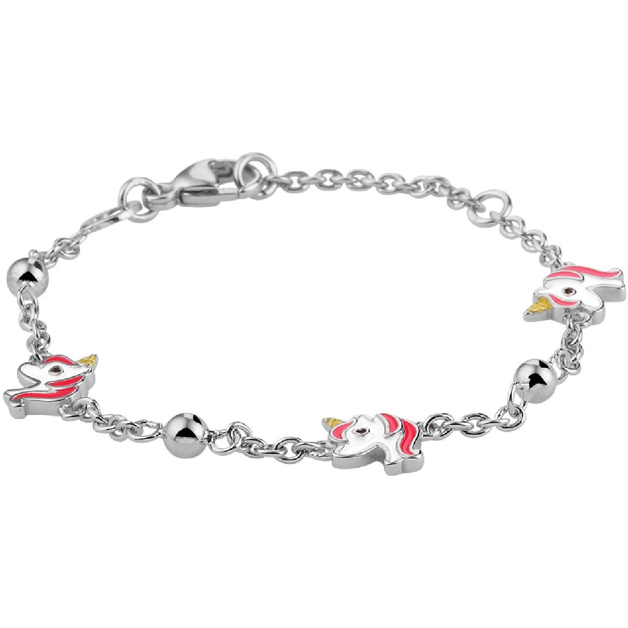 De armband is gemaakt van gerhodineerd zilver. Het is een sieraad voor kinderen. 11-13cm met 3 unicorns eraan