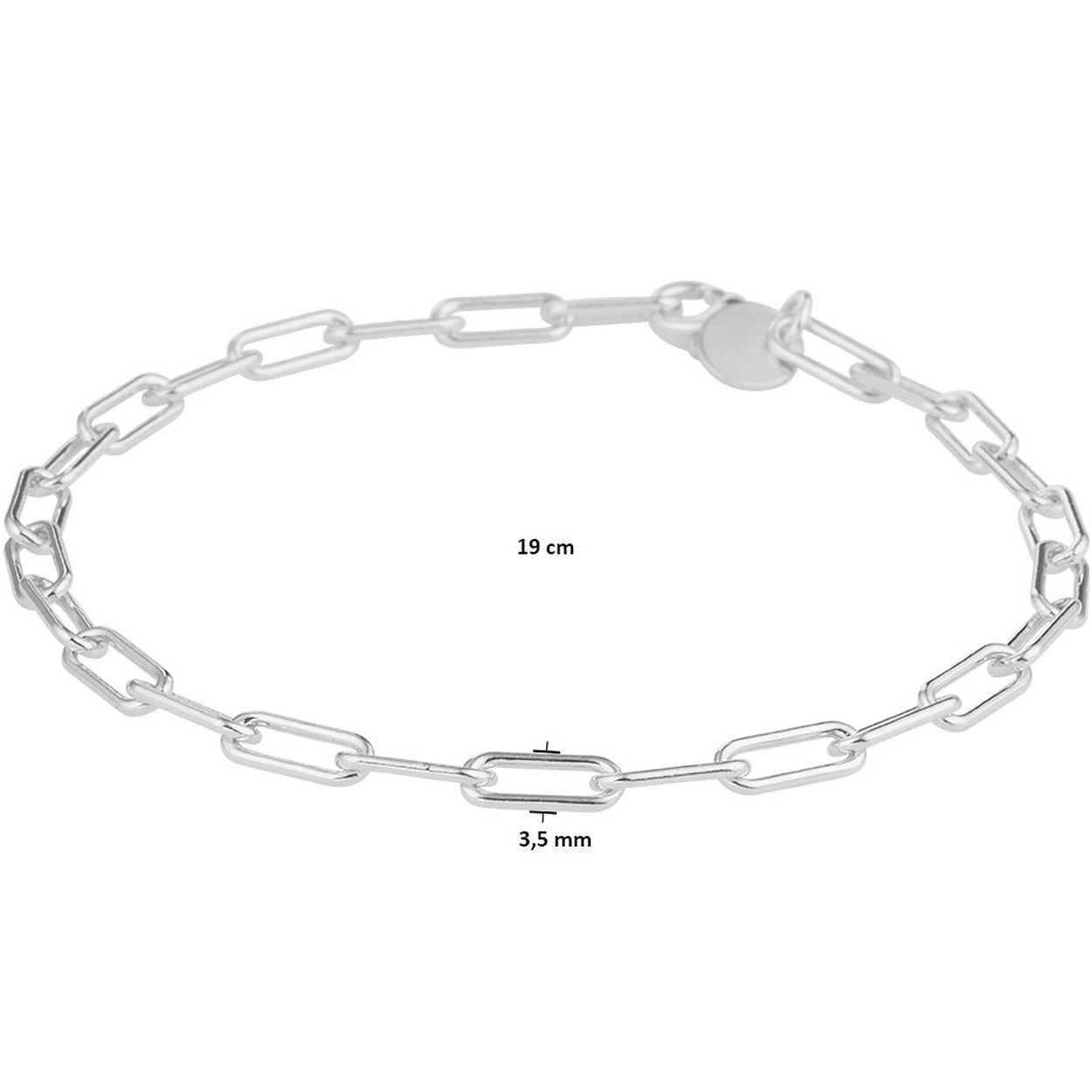 Gerhodineerd 925 zilveren paperclip armband met een schakelbreedte van 3.5mm en een stevige karabijn sluiting. De armband heeft een draaglengte van 19cm.