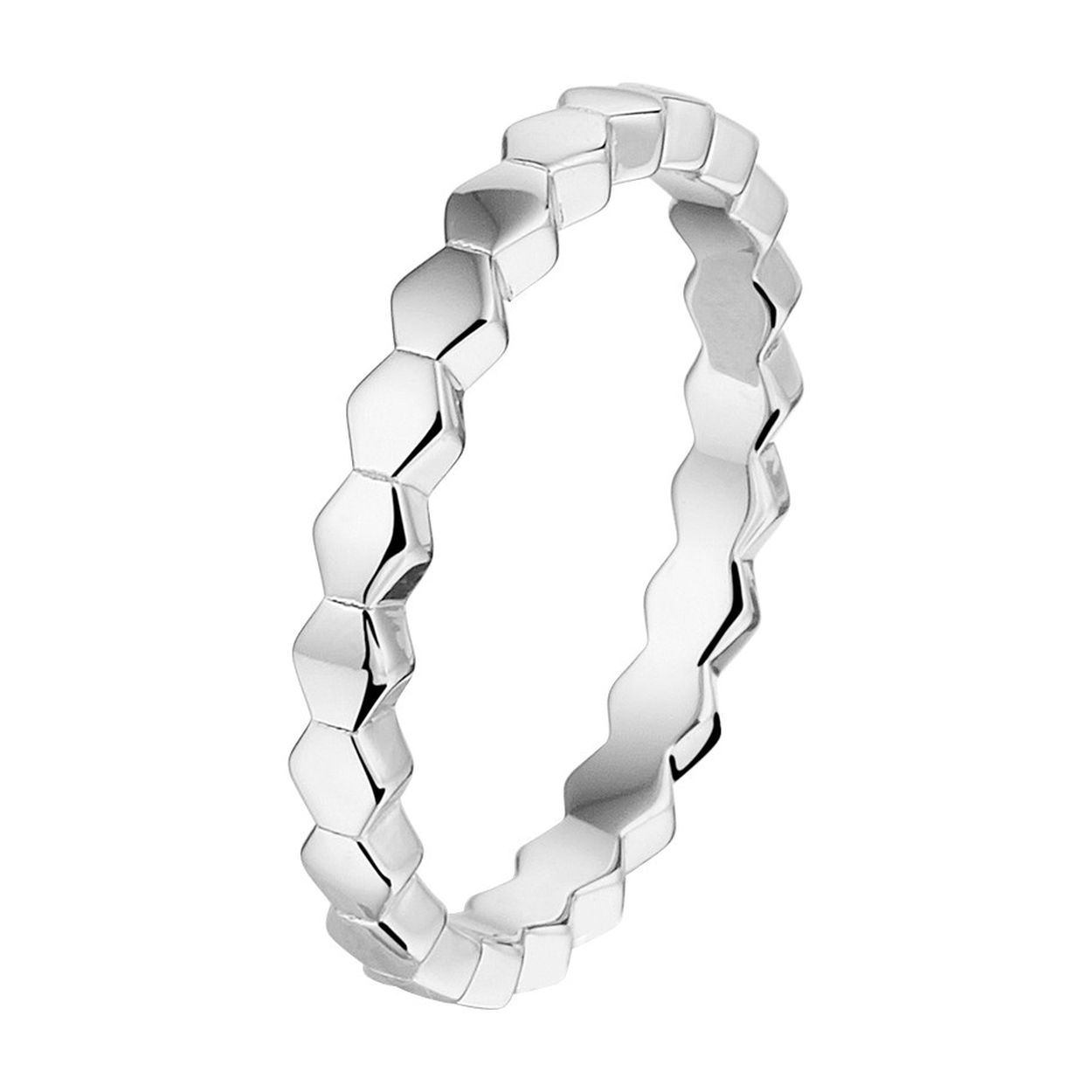 Gerhodineerd 925 zilveren ring uitgevoerd met zeshoeken. De ring heeft een breedte van 2.5mm.