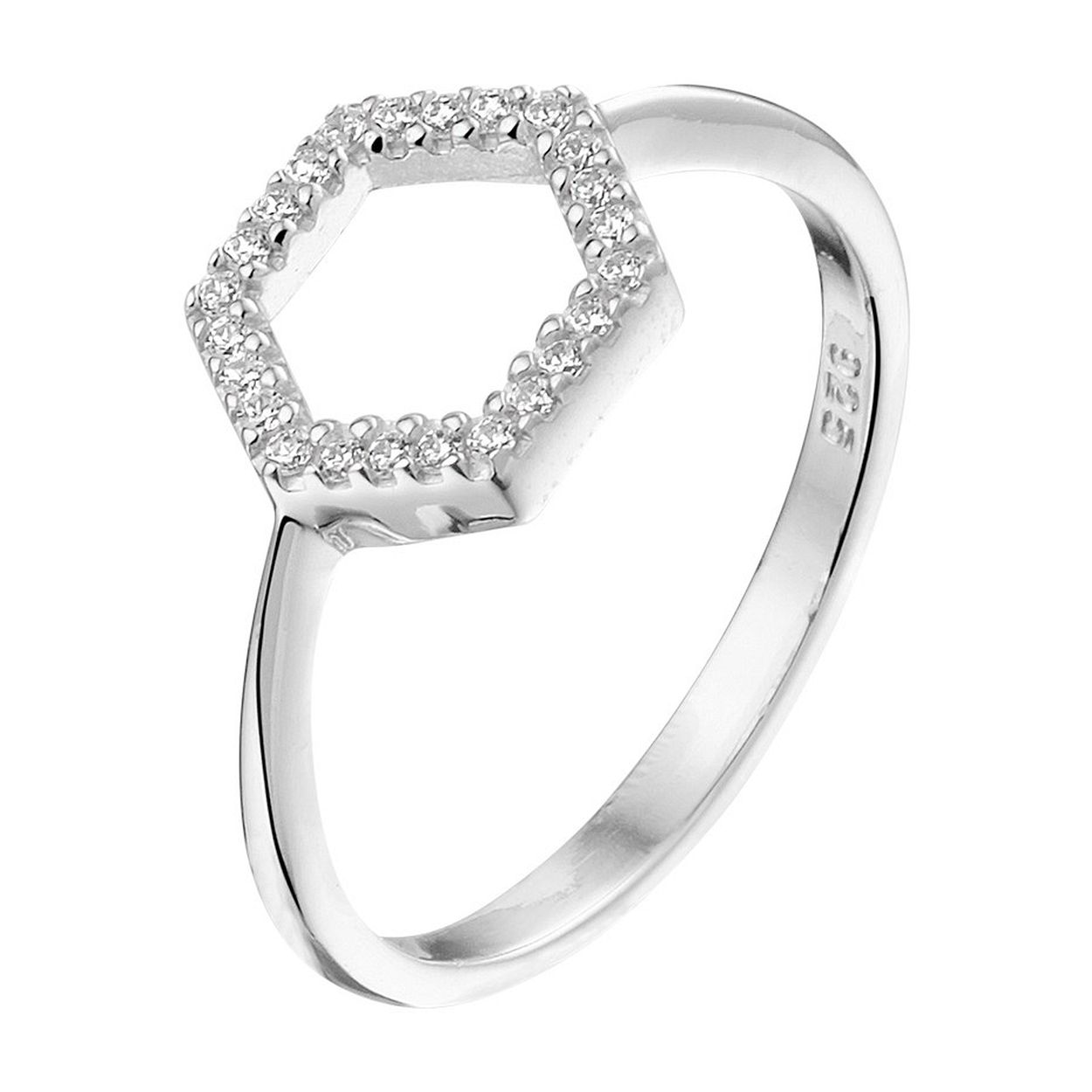 Gerhodineerd 925 zilveren ring uitgevoerd met een zeshoek en een schitterende zirkonia rij. De ring heeft een breedte van 9mm.