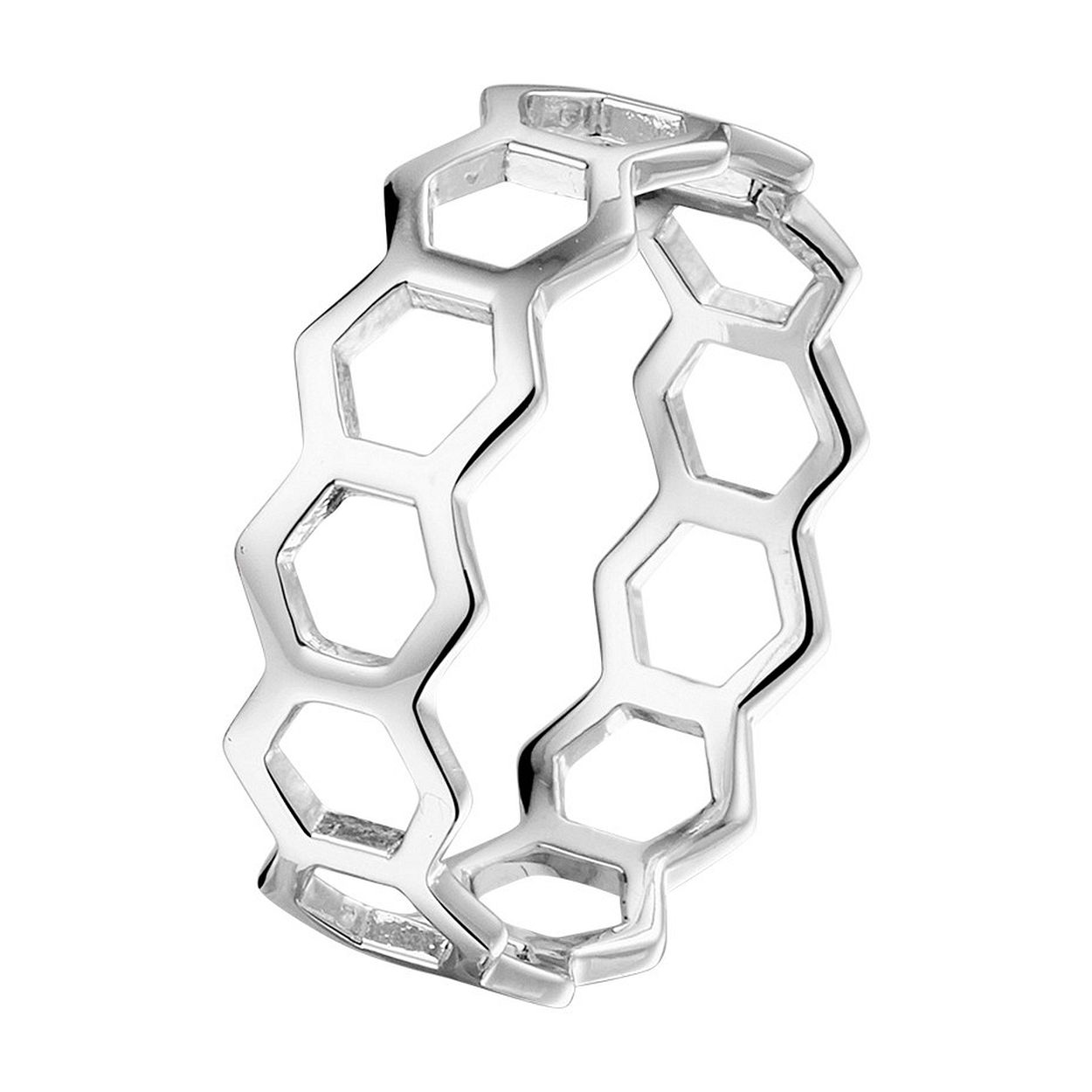 Gerhodineerd 925 zilveren ring uitgevoerd met zeshoeken. De ring heeft een breedte van 6mm.