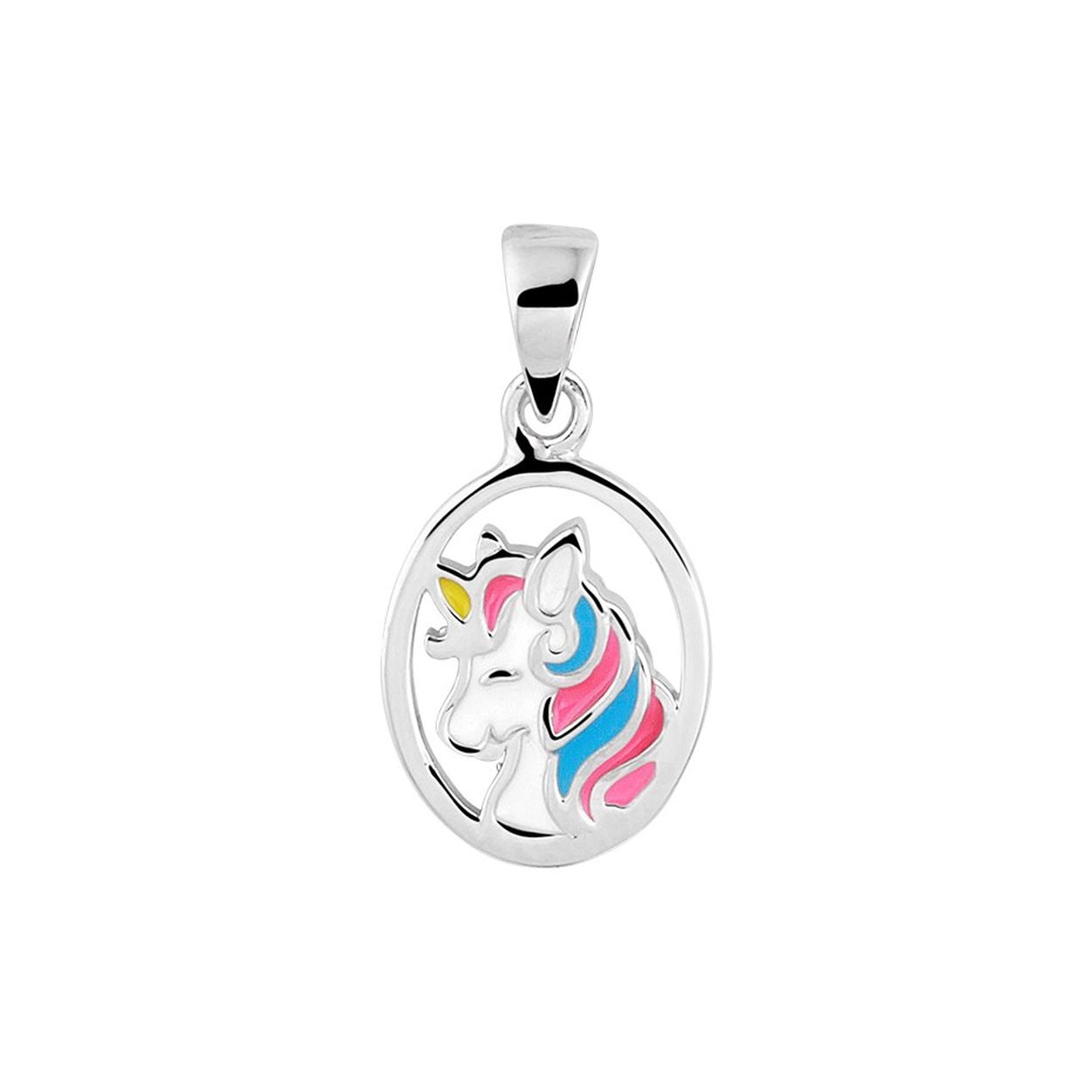 Zilveren hanger ovaal vorm met daarin een unicorn gekleurd met emaille.
Hanger is uit te breiden tot een set met bijpassende oorknoppen en ring
