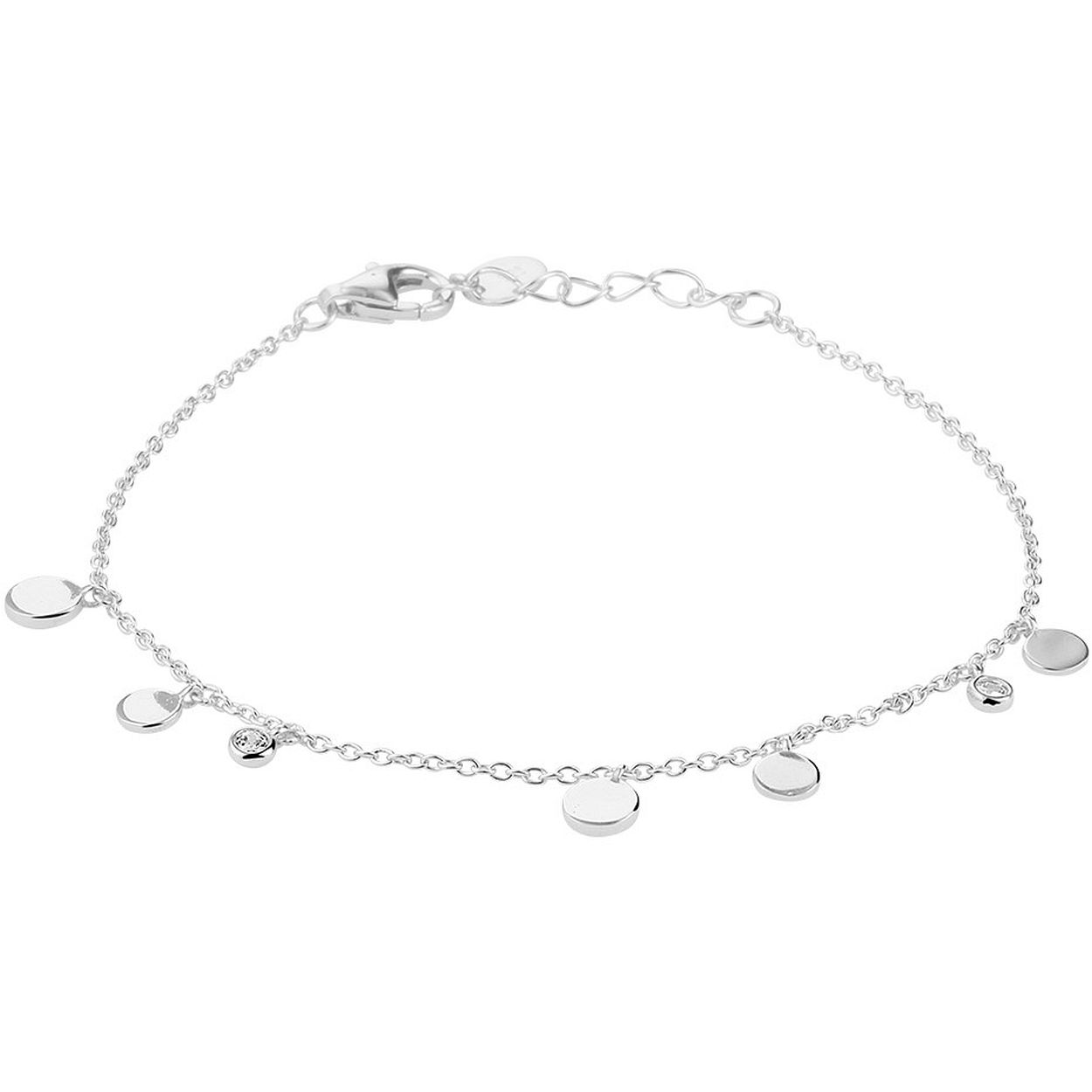Gerhodineerd 925 zilveren armband uitgevoerd met rondjes en zirkonia. De armband heeft een draaglengte van 16.5cm met een extensie van 2cm en een stevige karabijn sluiting.