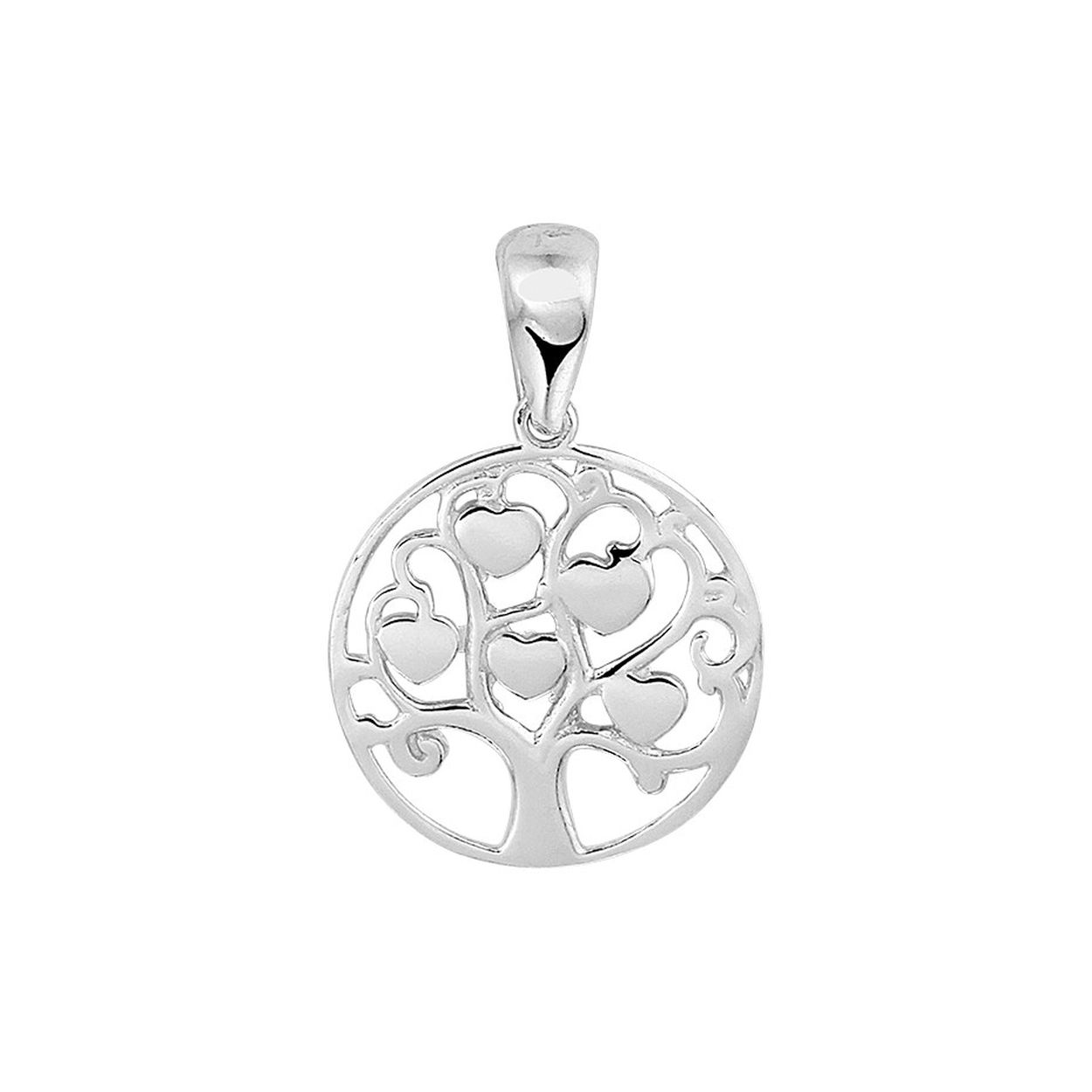 Gerhodineerd 925 zilveren hanger uitgevoerd met een levensboom en hartjes. De hanger heeft een totale hoogte van 2.3cm en een breedte van 15.5mm.