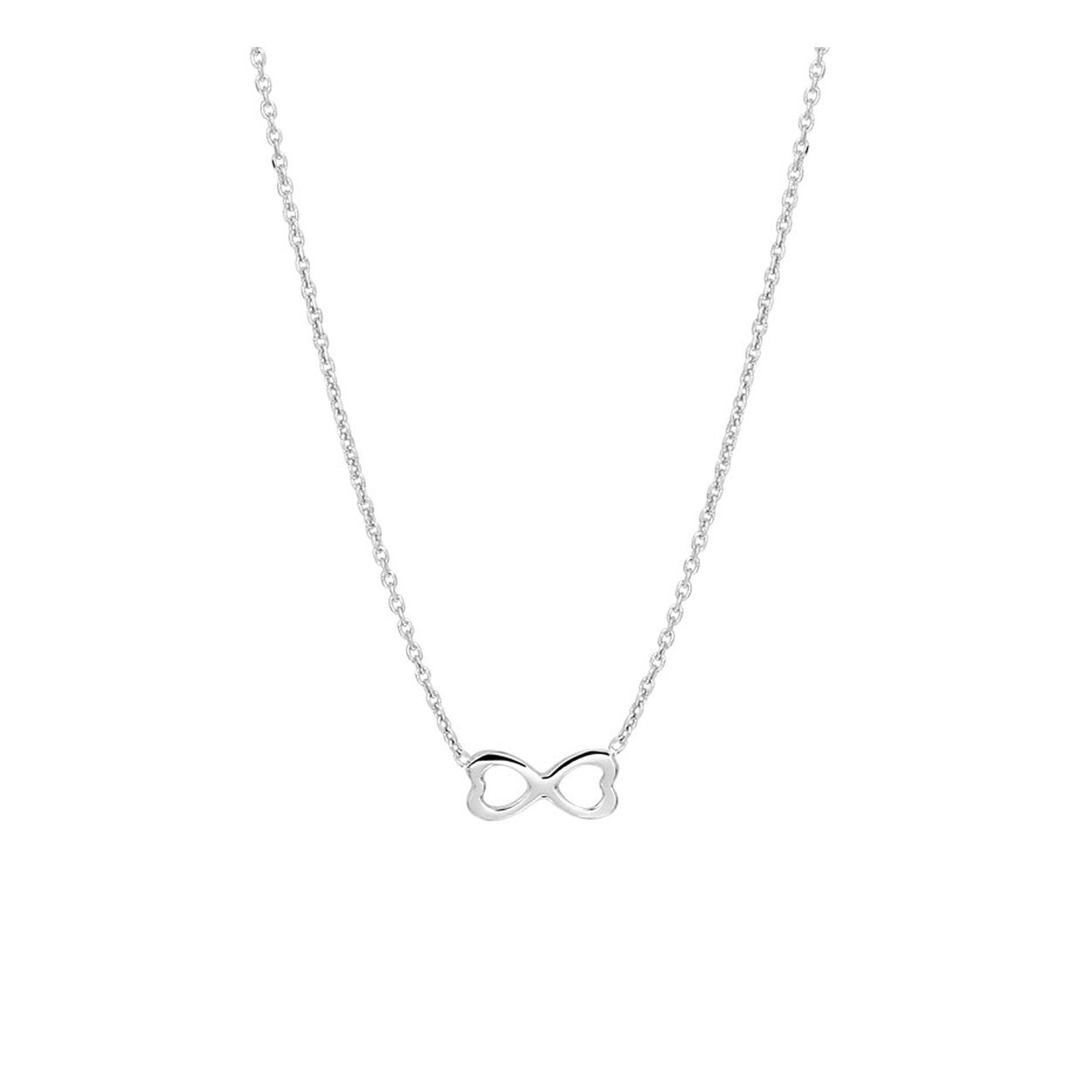 Gerhodineerd 925 zilveren collier uitgevoerd met een infinity teken en hartjes. Het collier heeft een draaglengte van 40cm met een extensie van 4cm en een stevige karabijn sluiting. Het hangertje heeft een afmeting van 5x11mm.