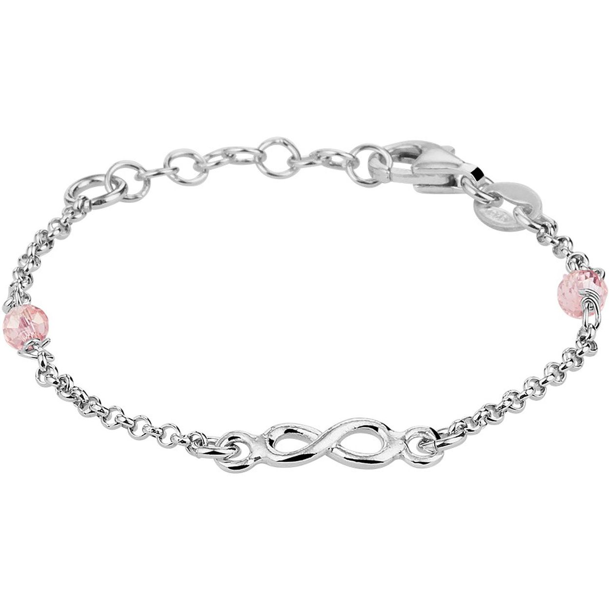 Zilveren armband met een infinity teken en roze strass steentjes.
11-13cm lang