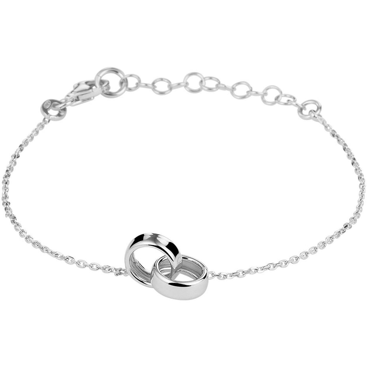 Gerhodineerd 925 zilveren armband uitgevoerd met twee in elkaar gedraaide rondjes en een stevige karabijn sluiting. De armband heeft een draaglengte van 16cm met een extensie van 3cm. De rondjes hebben een diameter van 8.5mm.