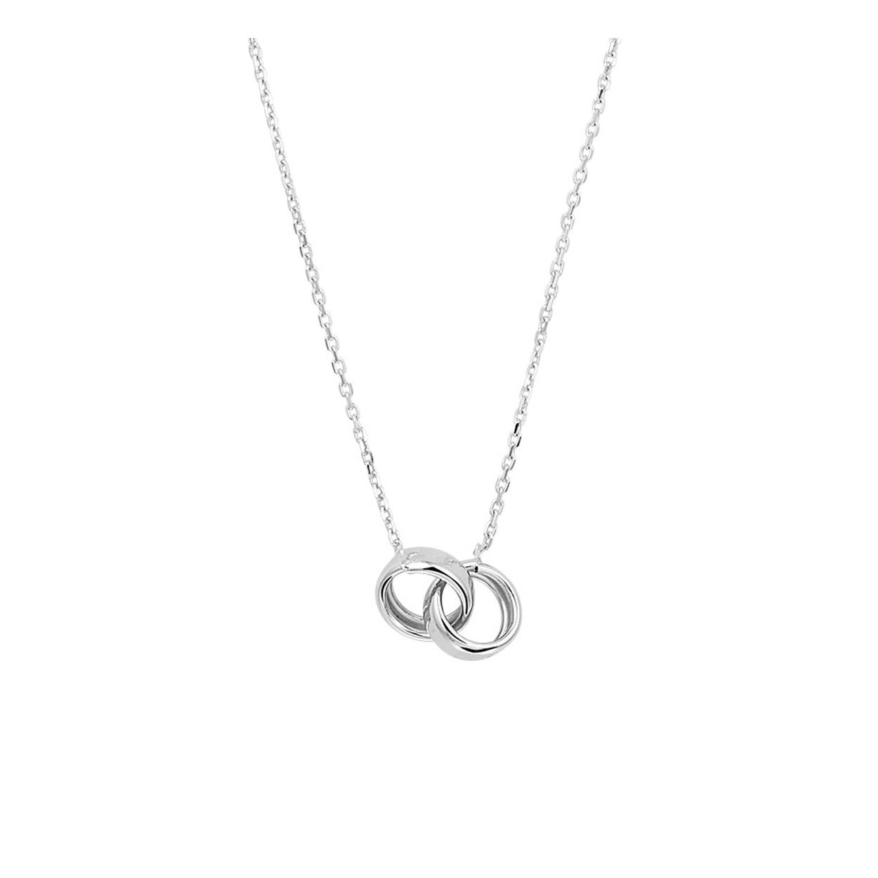 Gerhodineerd 925 zilveren collier uitgevoerd met twee in elkaar gedraaide rondjes en een stevige karabijn sluiting. Het collier heeft een draaglengte van 40cm met een extensie van 4cm. De rondjes hebben een diameter van 8.5mm.