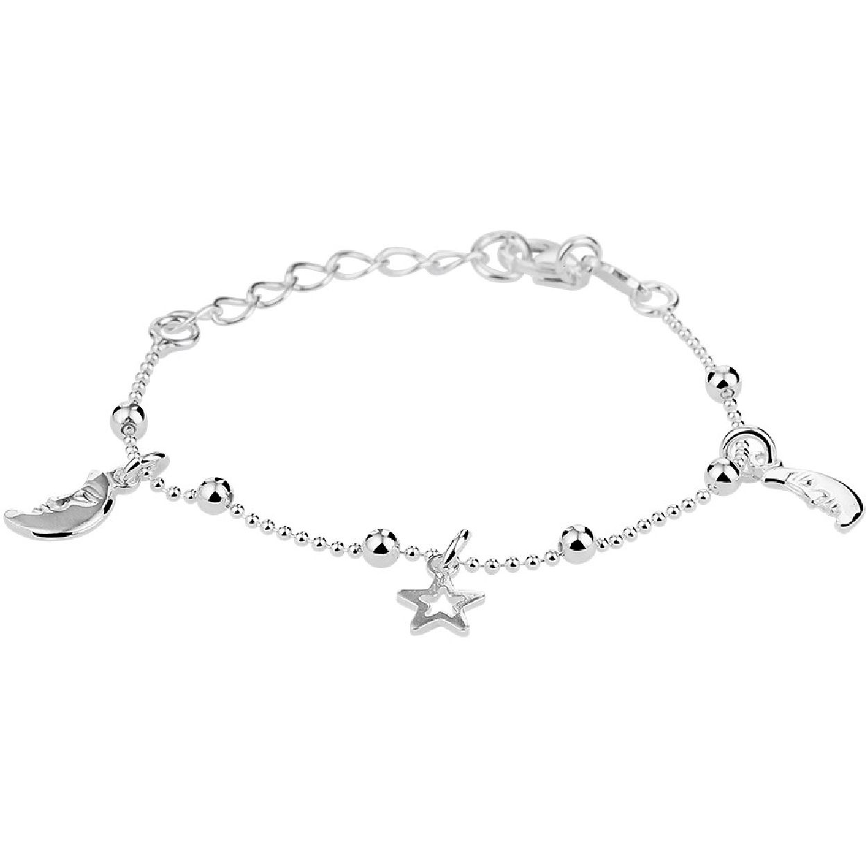 De armband is gemaakt van gerhodineerd zilver en is zilverkleurig. Het is een sieraad voor kinderen.