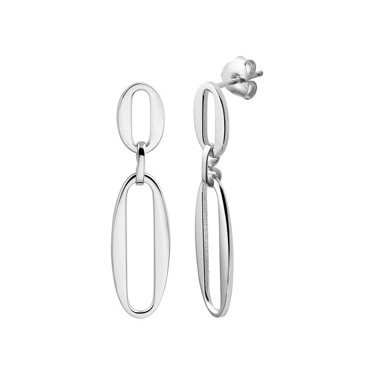 Gerhodineerd 925 zilveren oorhangers uitgevoerd in schakelvorm. De oorhangers hebben een totale hoogte van 3.7cm en een breedte van 10mm.
