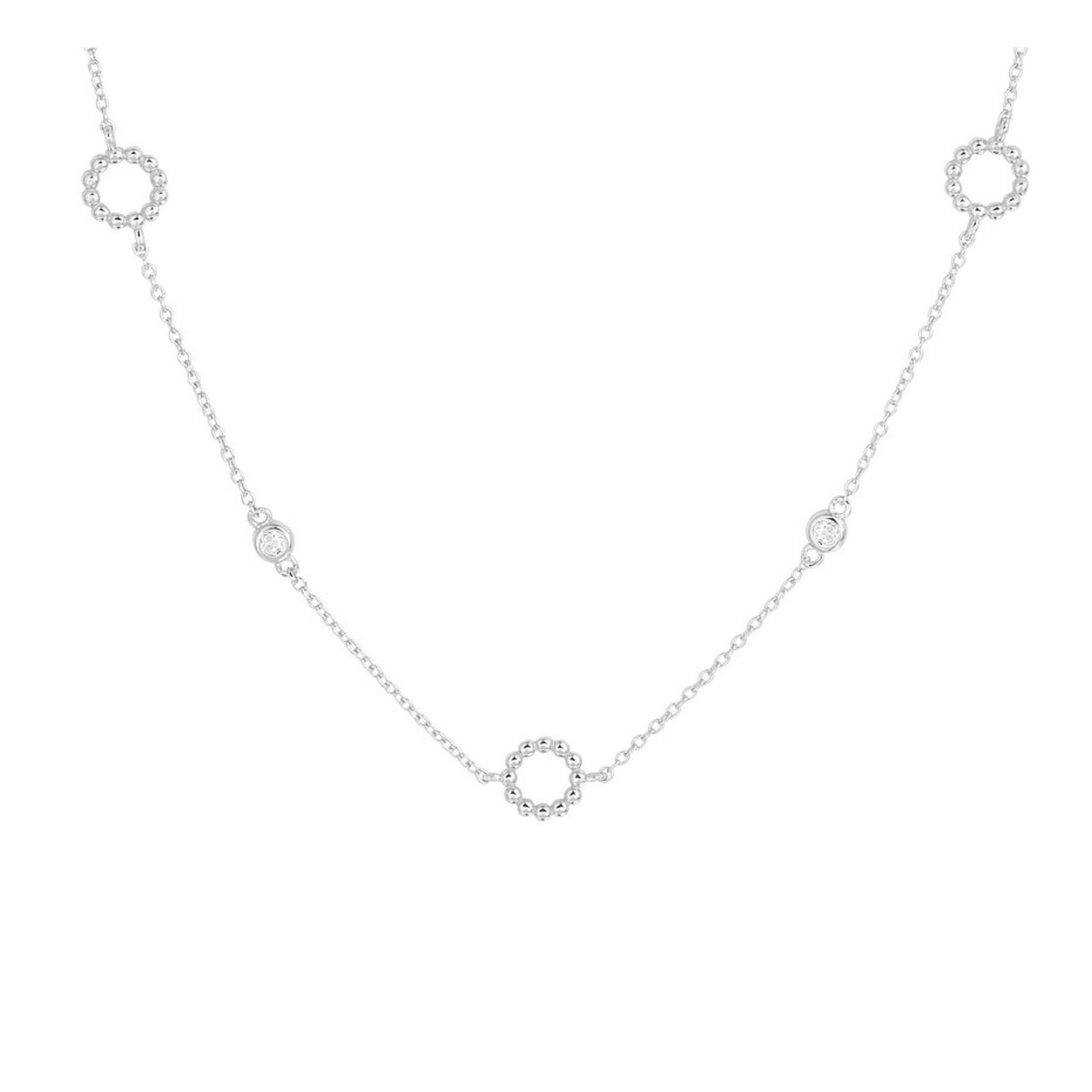 Gerhodineerd 925 zilveren collier uitgevoerd met rondjes en zirkonia. Het collier heeft een draaglengte van 41cm met een extensie van 4cm en een stevige karabijn sluiting.