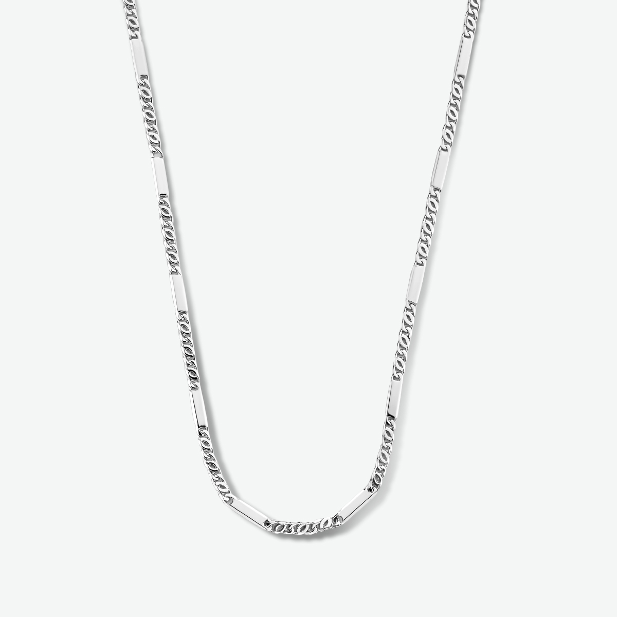 Gerhodineerd zilveren collier met een valkenoog- en tussenschakel
Het collier heeft een breedte van 2.3mm en een stevige karabijn sluiting