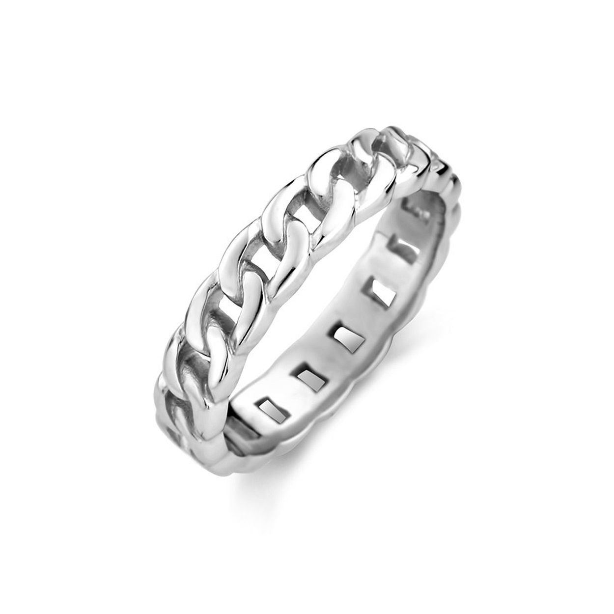 Gerhodineerd 925 zilveren ring uitgevoerd met schakelmotief. De ring heeft een breedte van 4mm.