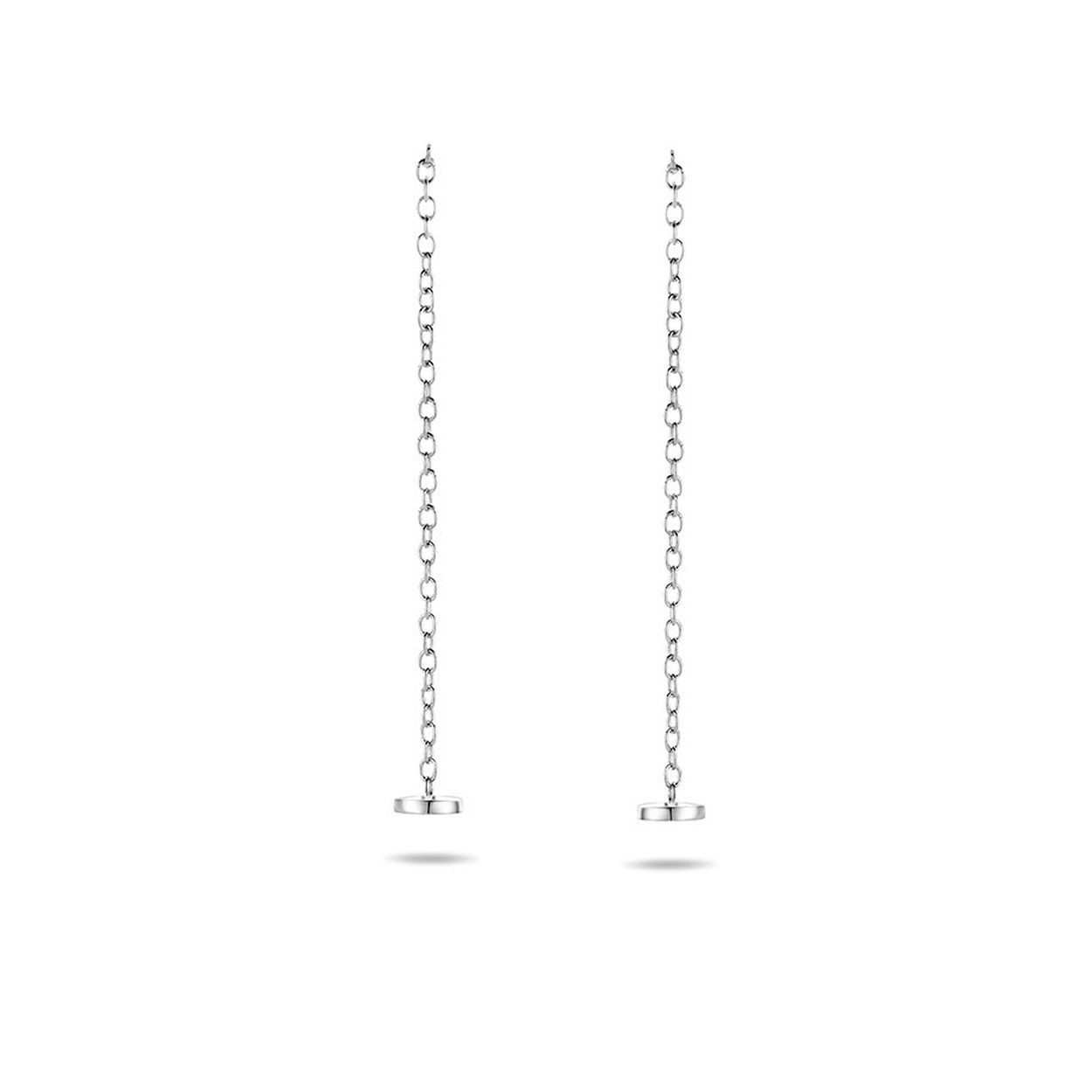 Gerhodineerd 925 zilveren doortrekoorbellen uitgevoerd met een rondje. De oorbellen hebben een totale lengte van 5cm en een breedte van 4mm.
