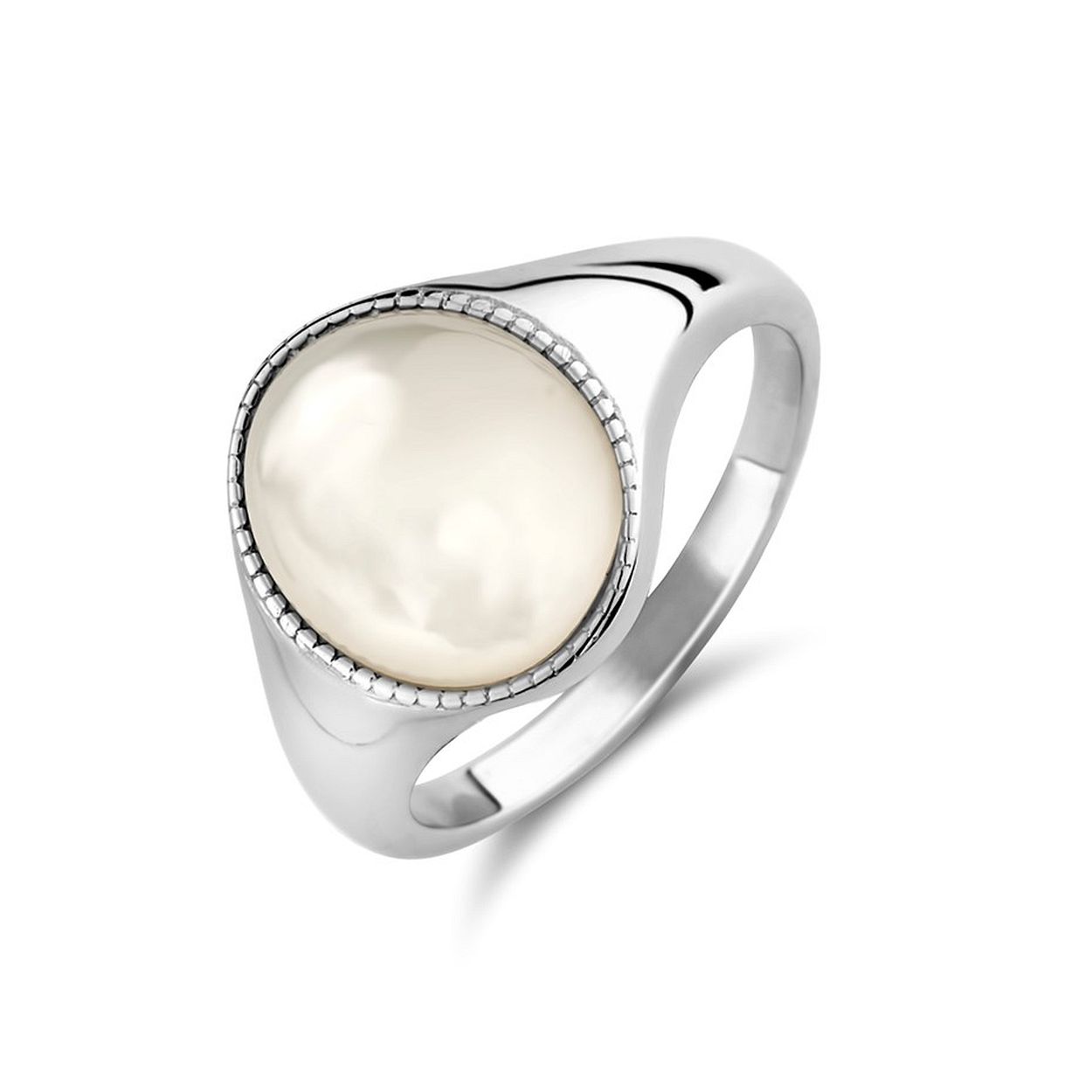 Gerhodineerd 925 zilveren ring uitgevoerd met schitterende parelmoer. De ring heeft een breedte van 13mm.