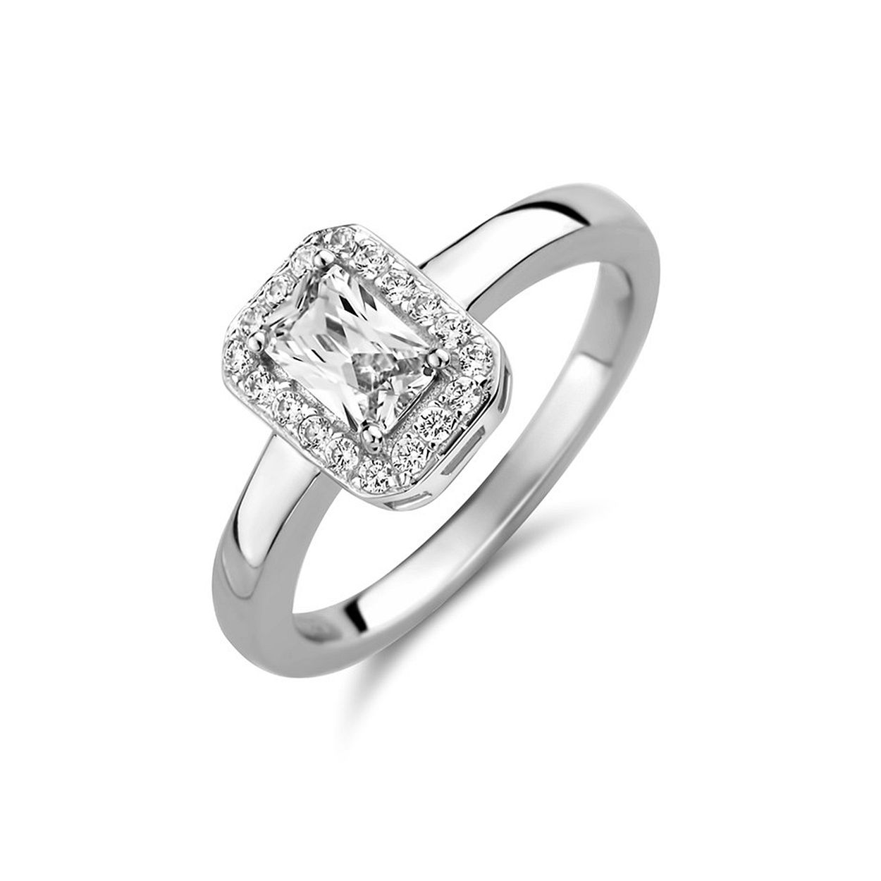 Gerhodineerd 925 zilveren ring uitgevoerd met schitterend zirkonia. De ring heeft een breedte van 9.3mm.