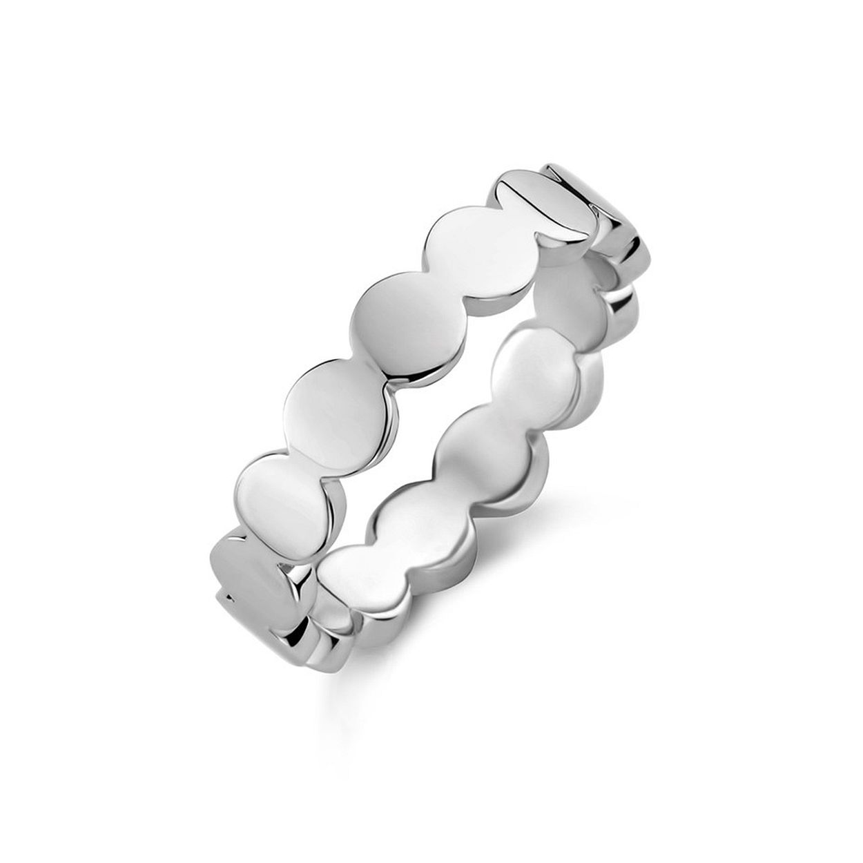 Gerhodineerd 925 zilveren ring uitgevoerd met rondjes. De ring heeft een breedte van 4mm.