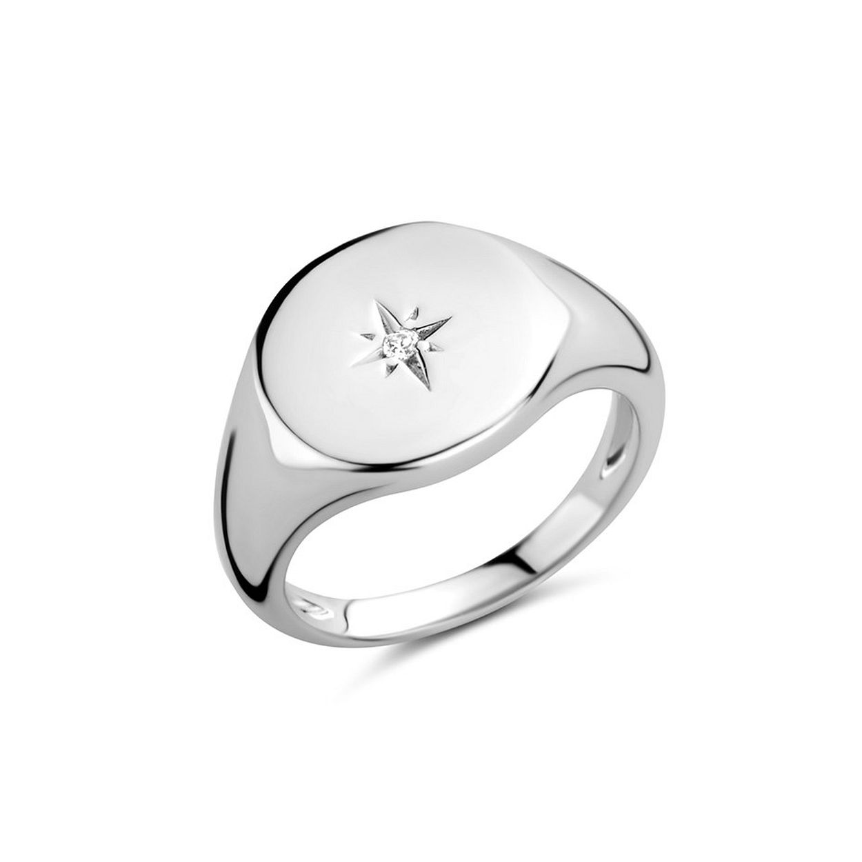 Gerhodineerd 925 zilveren zegelring uitgevoerd met een zirkonia. De ring heeft een breedte van 12.5mm.