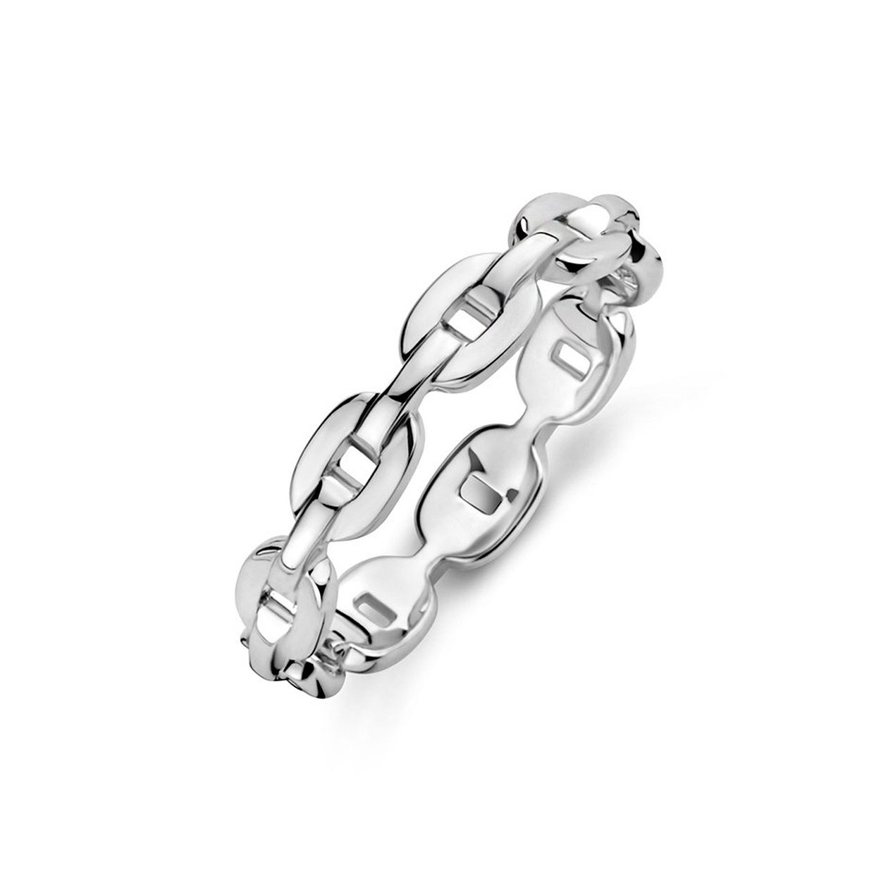 Gerhodineerd 925 zilveren ring uitgevoerd met een schakelmotief. De ring heeft een breedte van 3.5 mm.