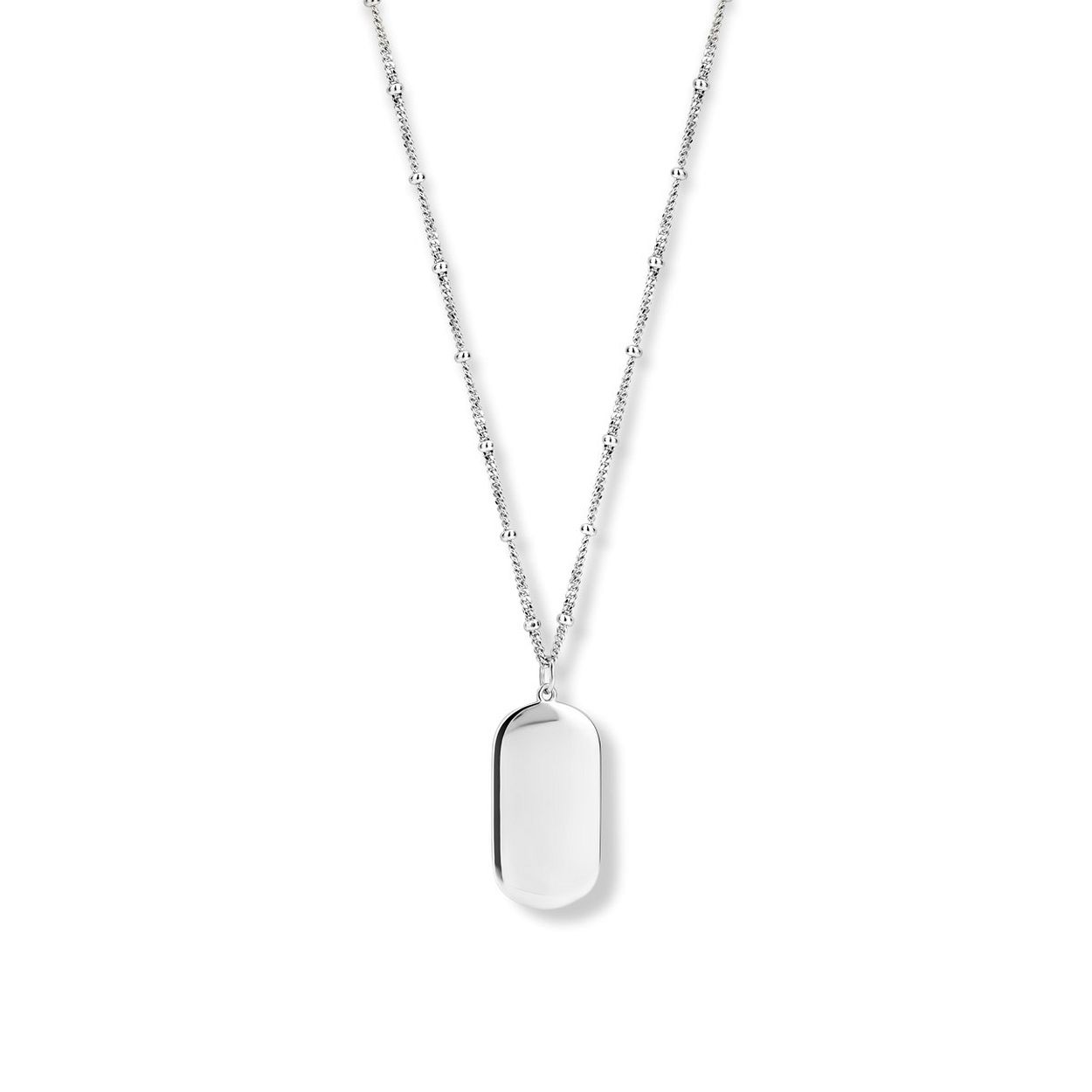 Gerhodineerd 925 zilveren collier uitgevoerd met een dog tag van 25x12.5mm. Het collier heeft draaglengtes van 40,42 en 44cm en een stevige karabijn sluiting.
