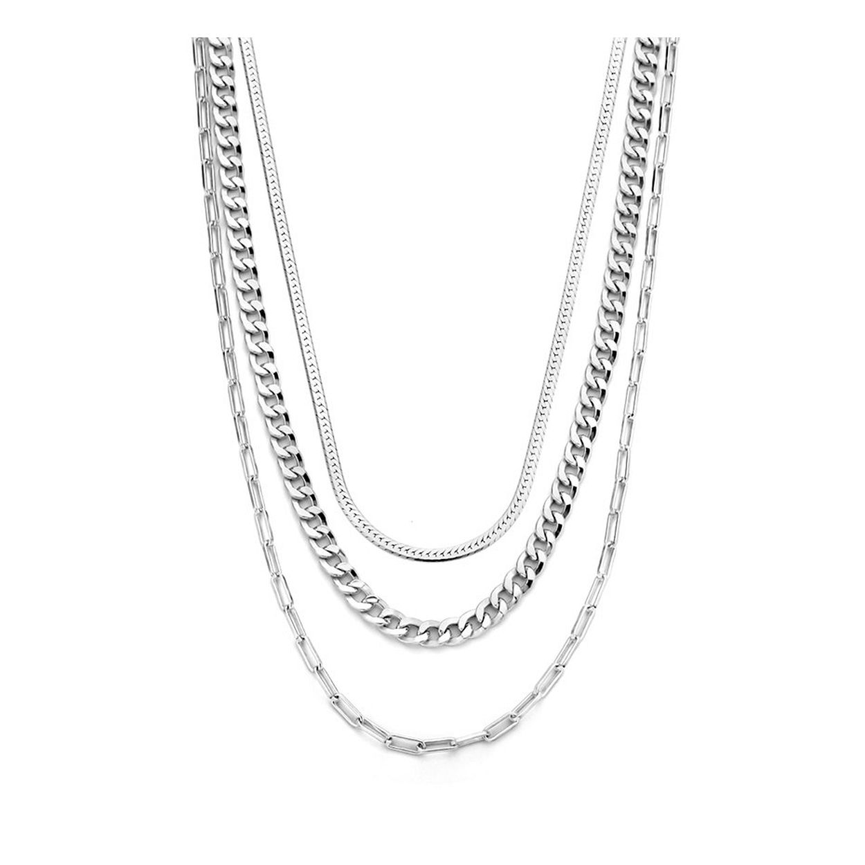 Gerhodineerd 925 zilveren collier uitgevoerd met drie verschillende soorten schakels en een karabijnslot. Het collier heeft schakelbreedtes van 2mm, 2.3mm en 4.1mm. De draaglengte is 41cm met een extensie van 4cm.