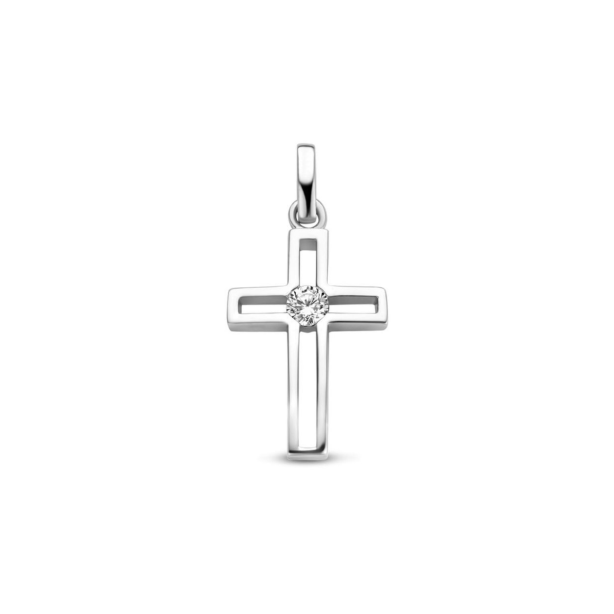 Gerhodineerd 925 zilveren hanger uitgevoerd in de vorm van een kruis met daarin een schitterende zirkonia. De hanger heeft een totale hoogte van 2.3cm en een breedte van 11.5mm.