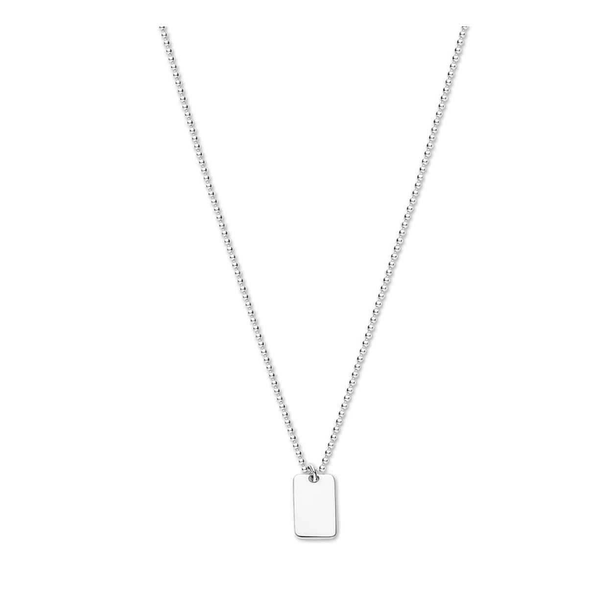 Gerhodineerd 925 zilveren collier uitgevoerd met een hanger in de vorm van een rechthoek. Het collier heeft een draaglengte van 45cm met een extensie van 5cm en een stevige karabijn sluiting. De hanger heeft een afmeting van 17x9.3mm.