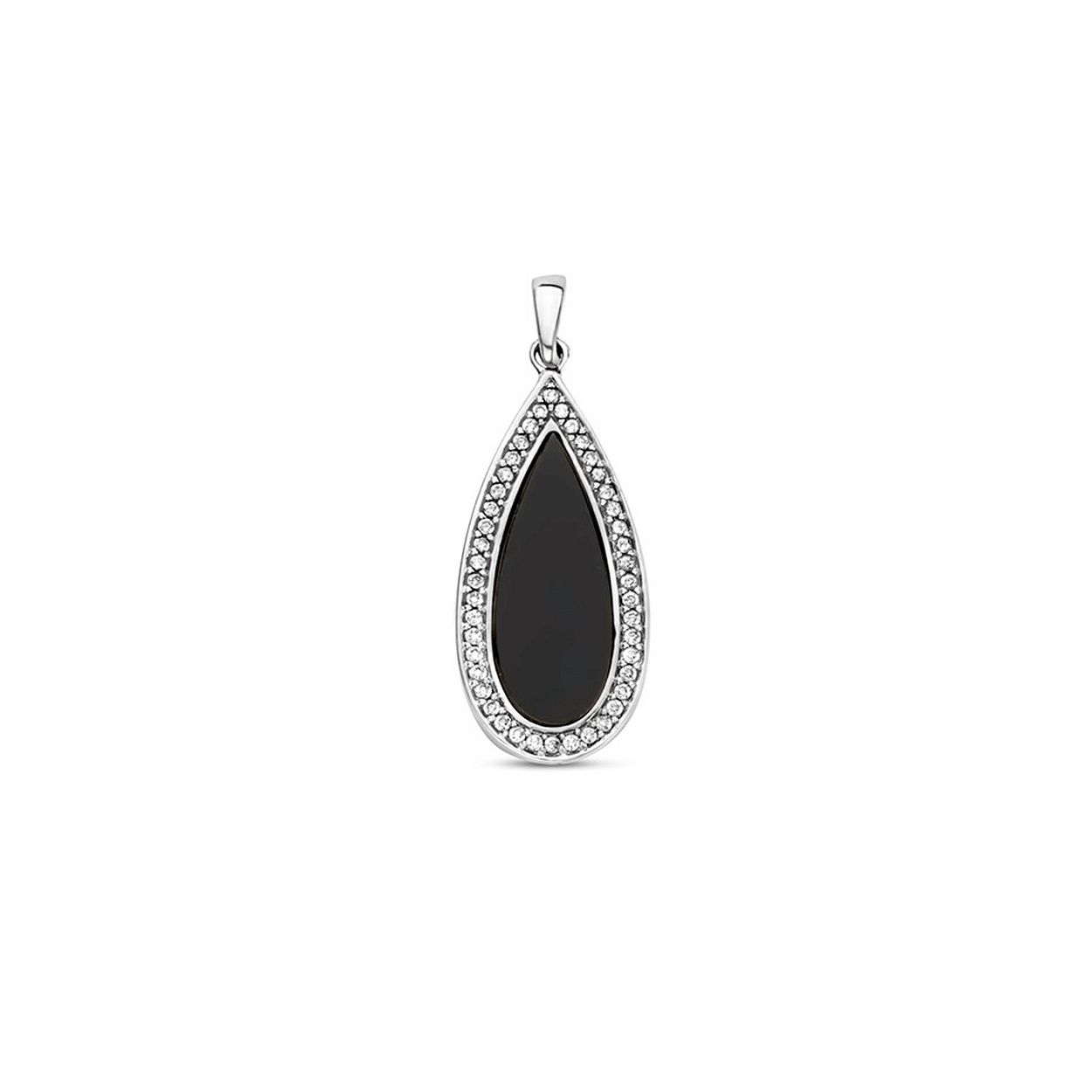 Gerhodineerd 925 zilveren hanger uitgevoerd met een schitterende onyx en zirkonia rij. De hanger heeft een totale hoogte van 3.2cm en een breedte van 12mm.