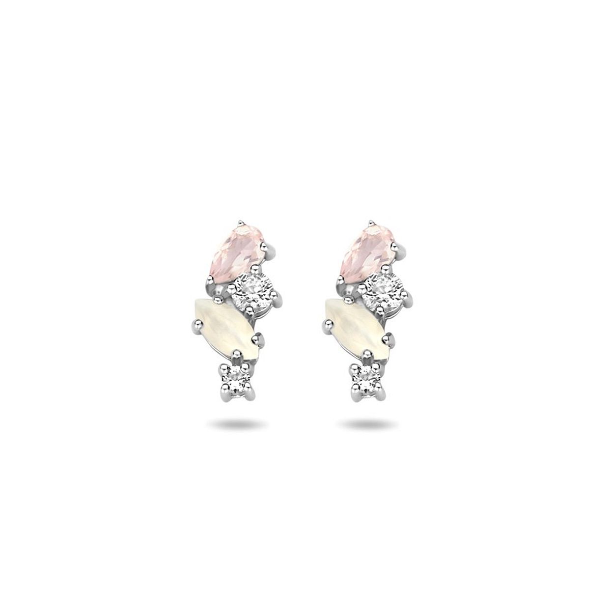 Gerhodineerd 925 zilveren oorknoppen uitgevoerd met schitterend wit topaas, roze kwarts en wit maansteen. De oorknoppen hebben een afmeting van 13x6mm.