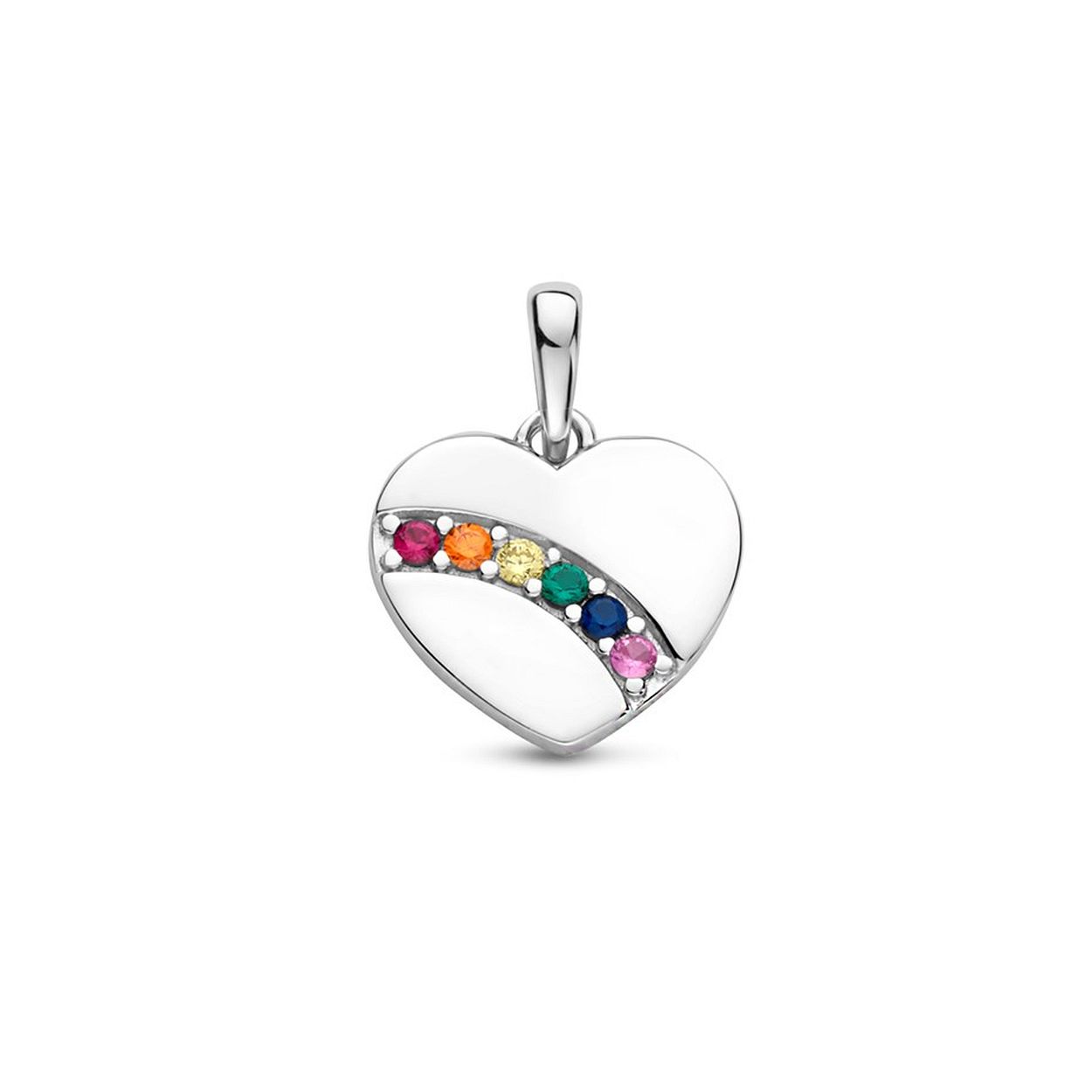 Gerhodineerd 925 zilveren hanger uitgevoerd in de vorm van een hart met daarin een rij van gekleurd zirkonia. De hanger heeft een totale hoogte van 1.8cm en een breedte van 13.5mm.