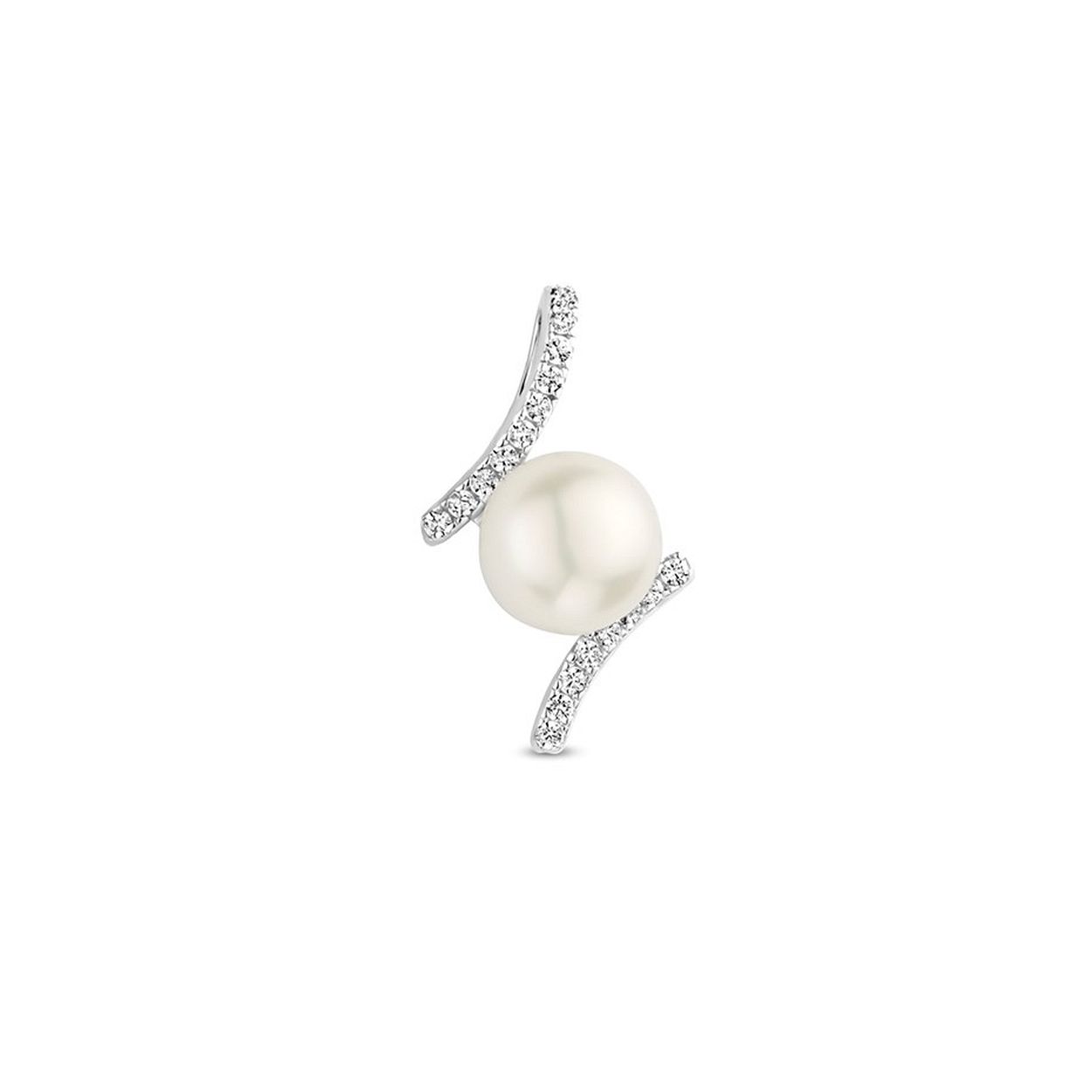 Gerhodineerd 925 zilveren hanger uitgevoerd met een schitterende parel en zirkonia rij. De hanger heeft een afmeting van 20.5x12.5mm. De parel heeft een diameter van 8mm.
