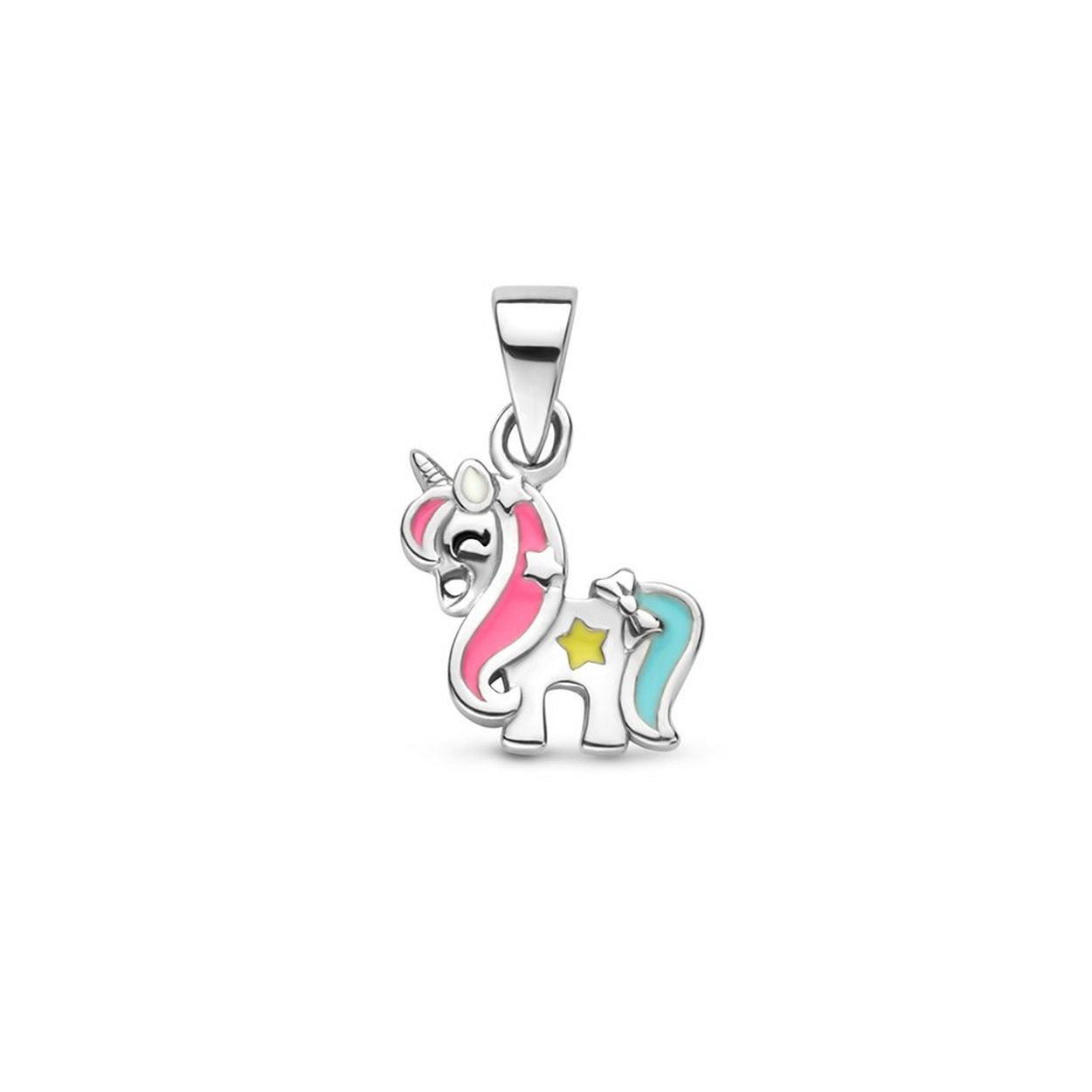 Gerhodineerd 925 zilveren hanger uitgevoerd in de vorm van een eenhoorn met gekleurd emaille. De hanger heeft een totale hoogte van 1.5cm en een breedte van 10mm.