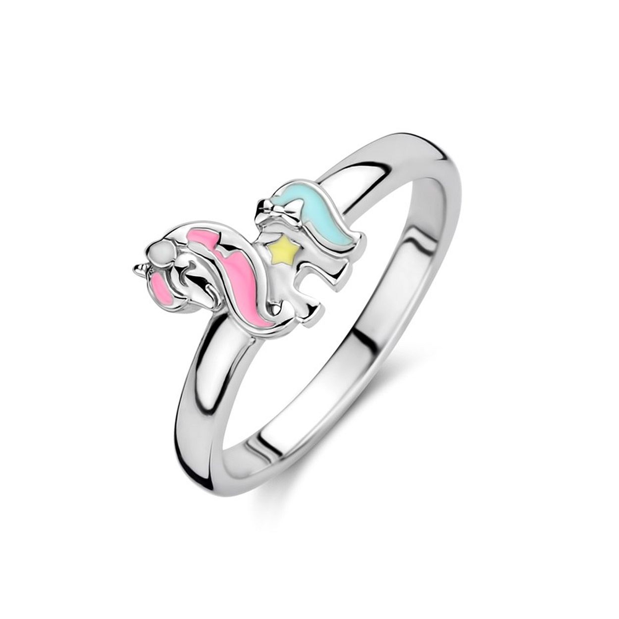 Gerhodineerd 925 zilveren ring uitgevoerd met een eenhoorn. De ring heeft een breedte van 7.5mm.